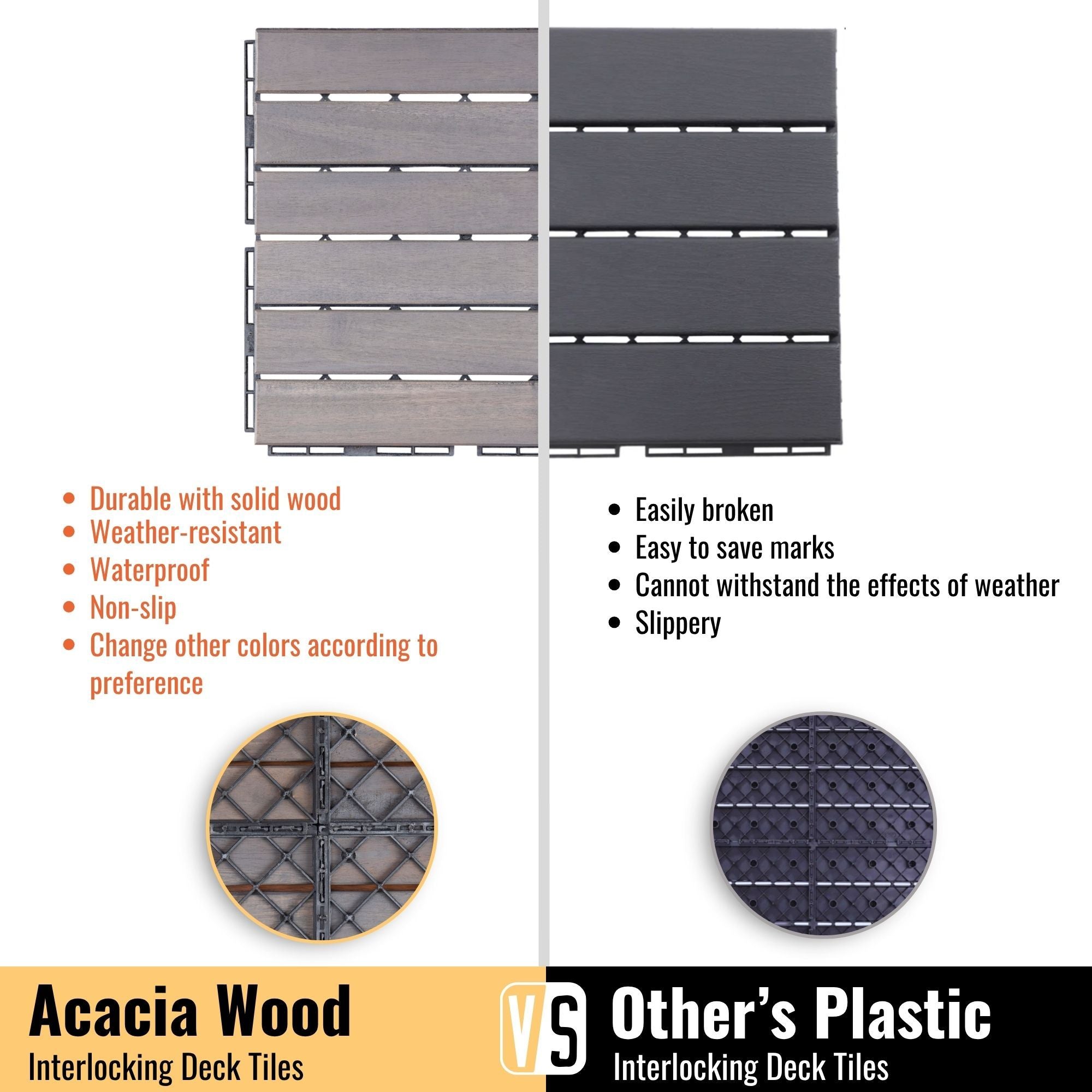 Interlocking Deck Tiles Striped Pattern, Square Acacia Hardwood Outdoor Flooring For Patio, Bancony, Pool Side
