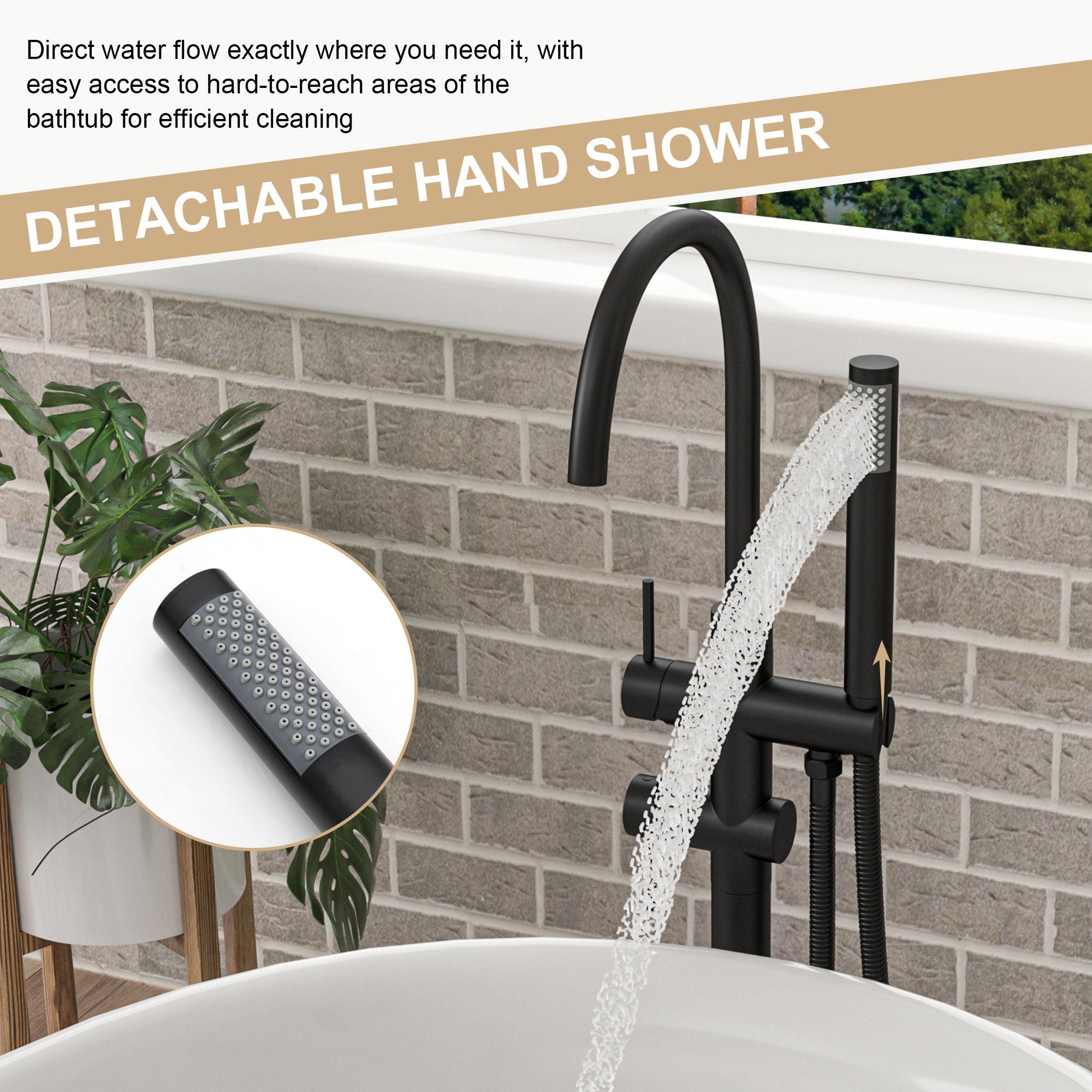 Freestanding Bathtub Faucet Floor Mount Tub Filler With Swivel Gooseneck Spout And Cylinder Handheld
