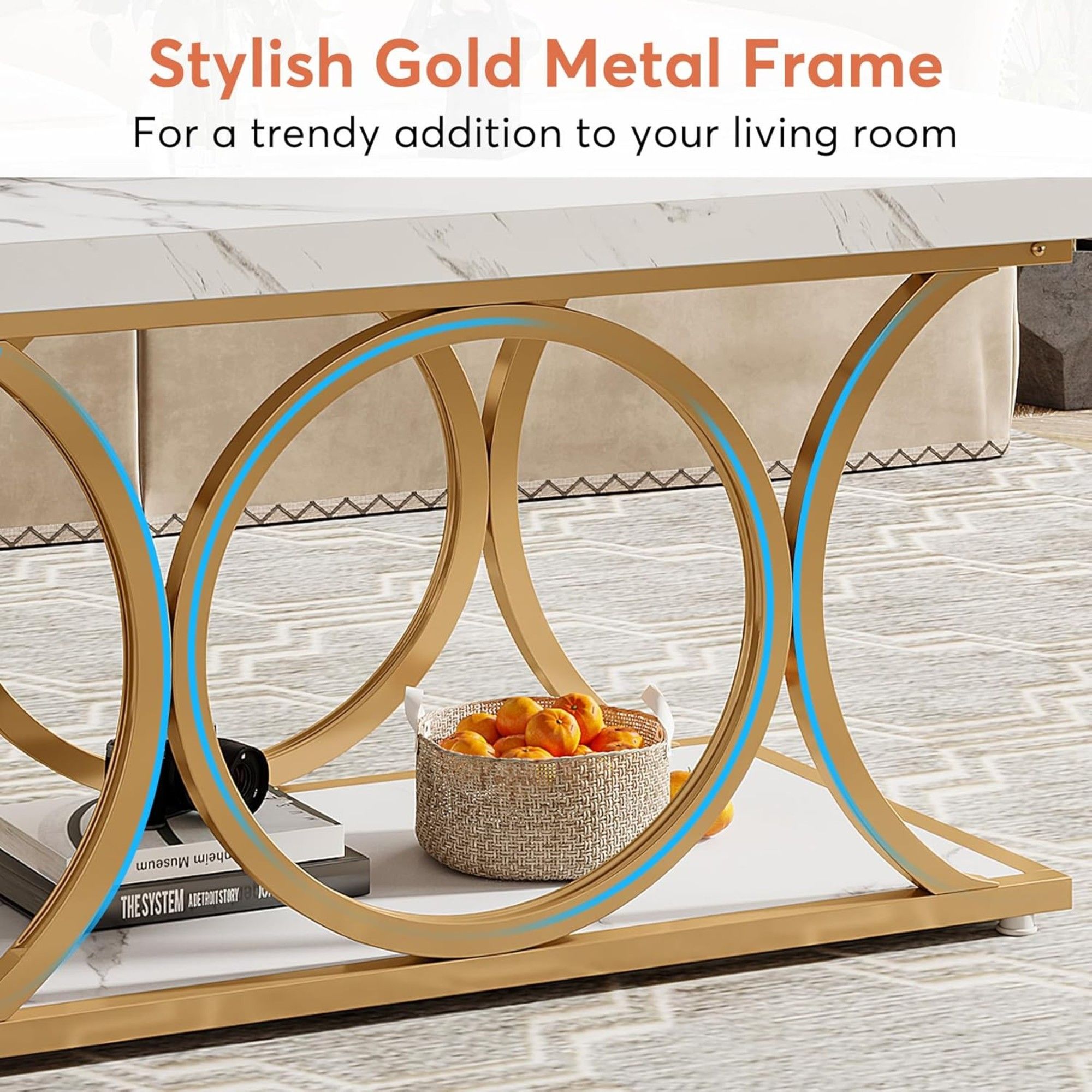 Rectangle Coffee Table, 2 Tier With Geometric Legs, Furniture With Storage Shelf - White / Gold