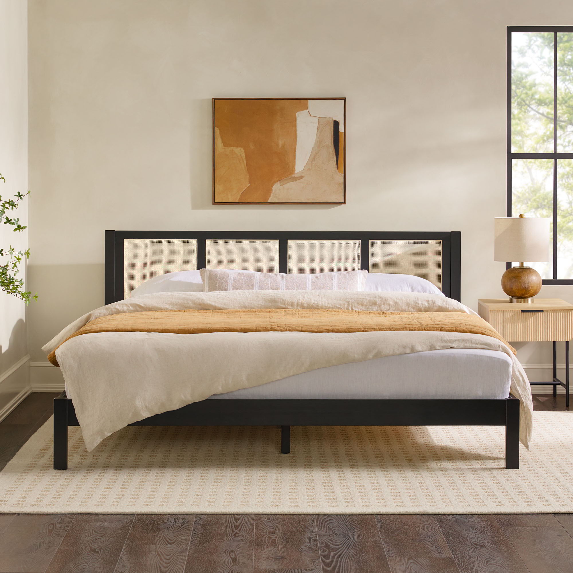 King Bed With Rattan Panel Headboard - Black