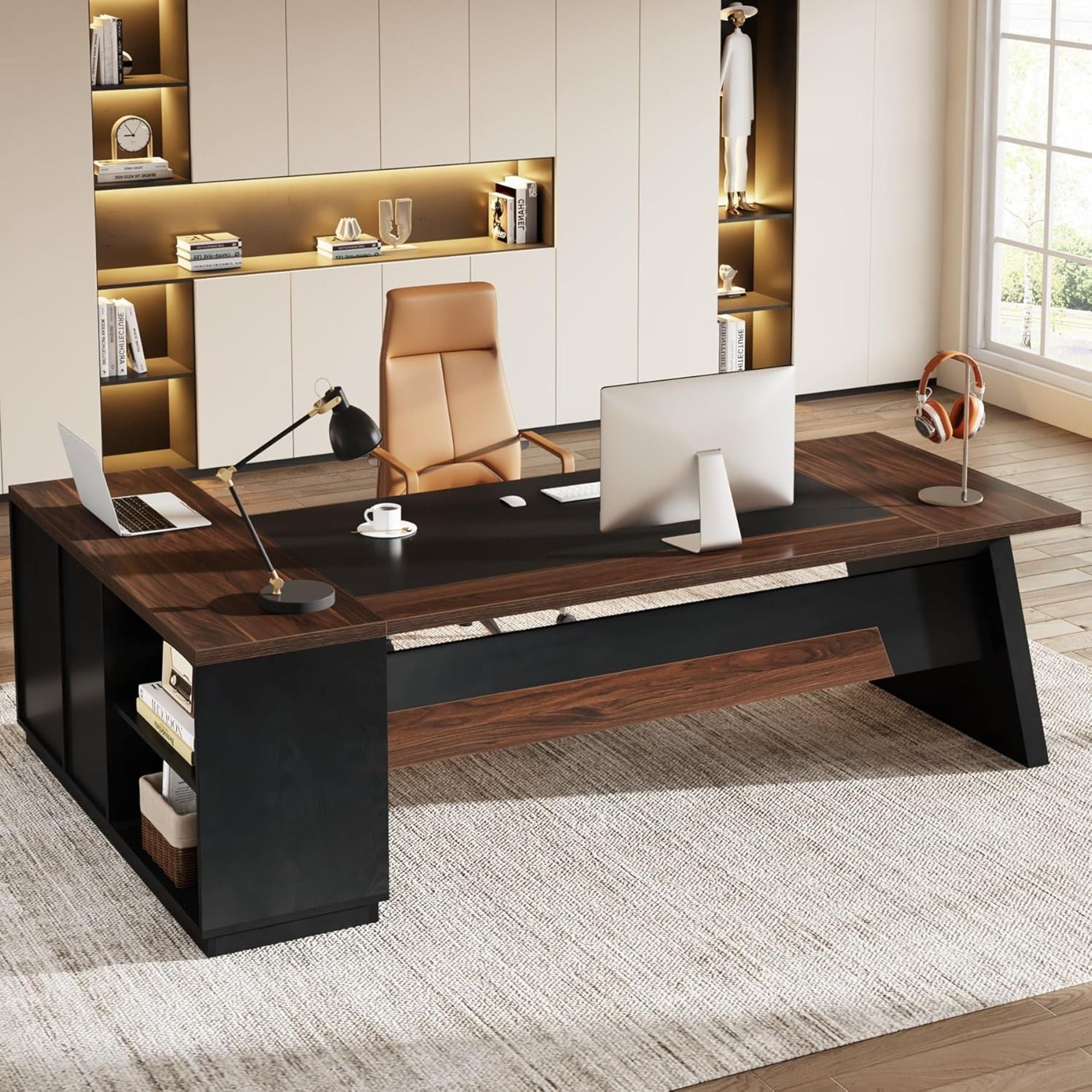 L-Shaped Executive Desk With File Cabinet & Drawers, Large Home Office Computer Workstation