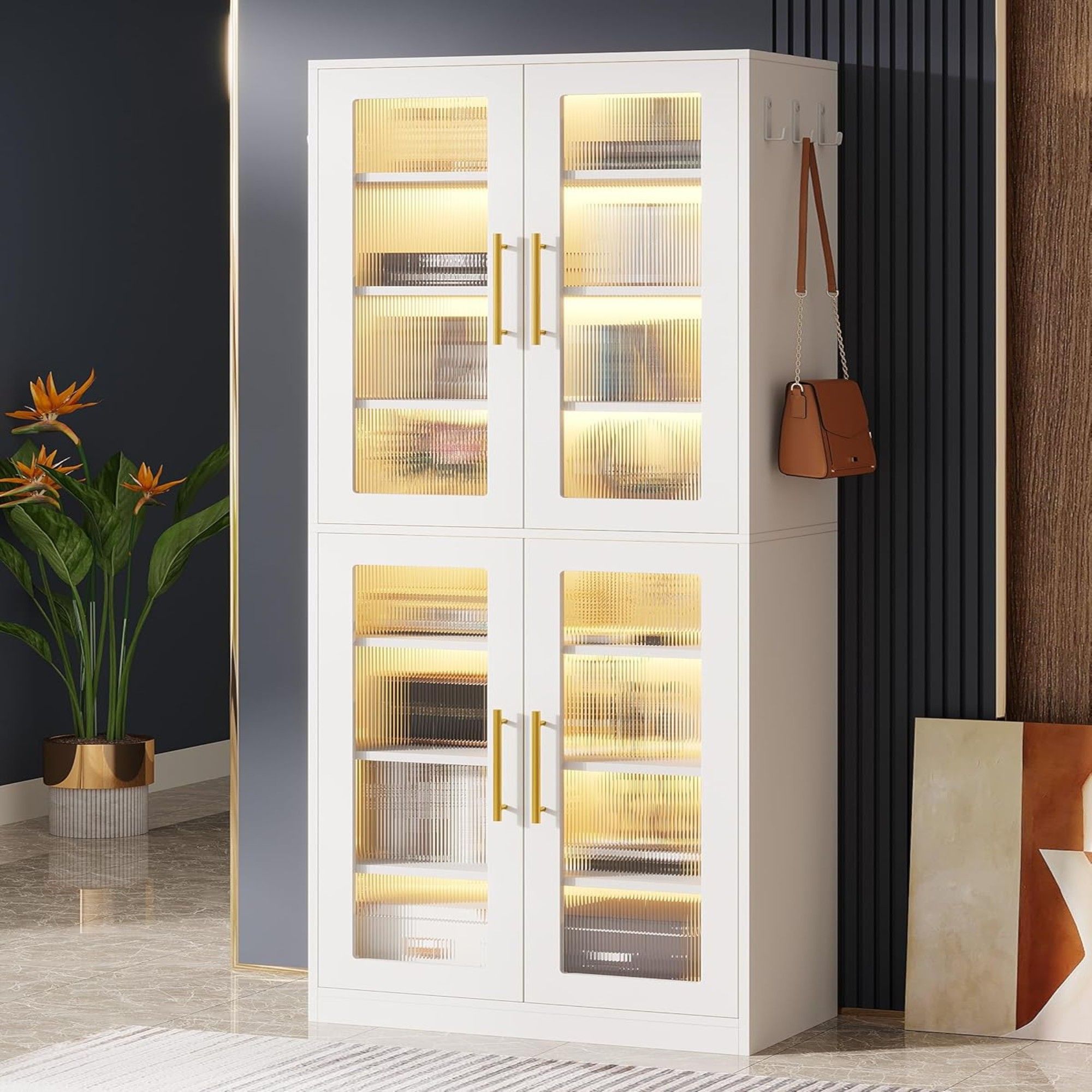 Bookcase With Doors And LED Lighting, 8 Adjustable Shelves Storage Cabinet