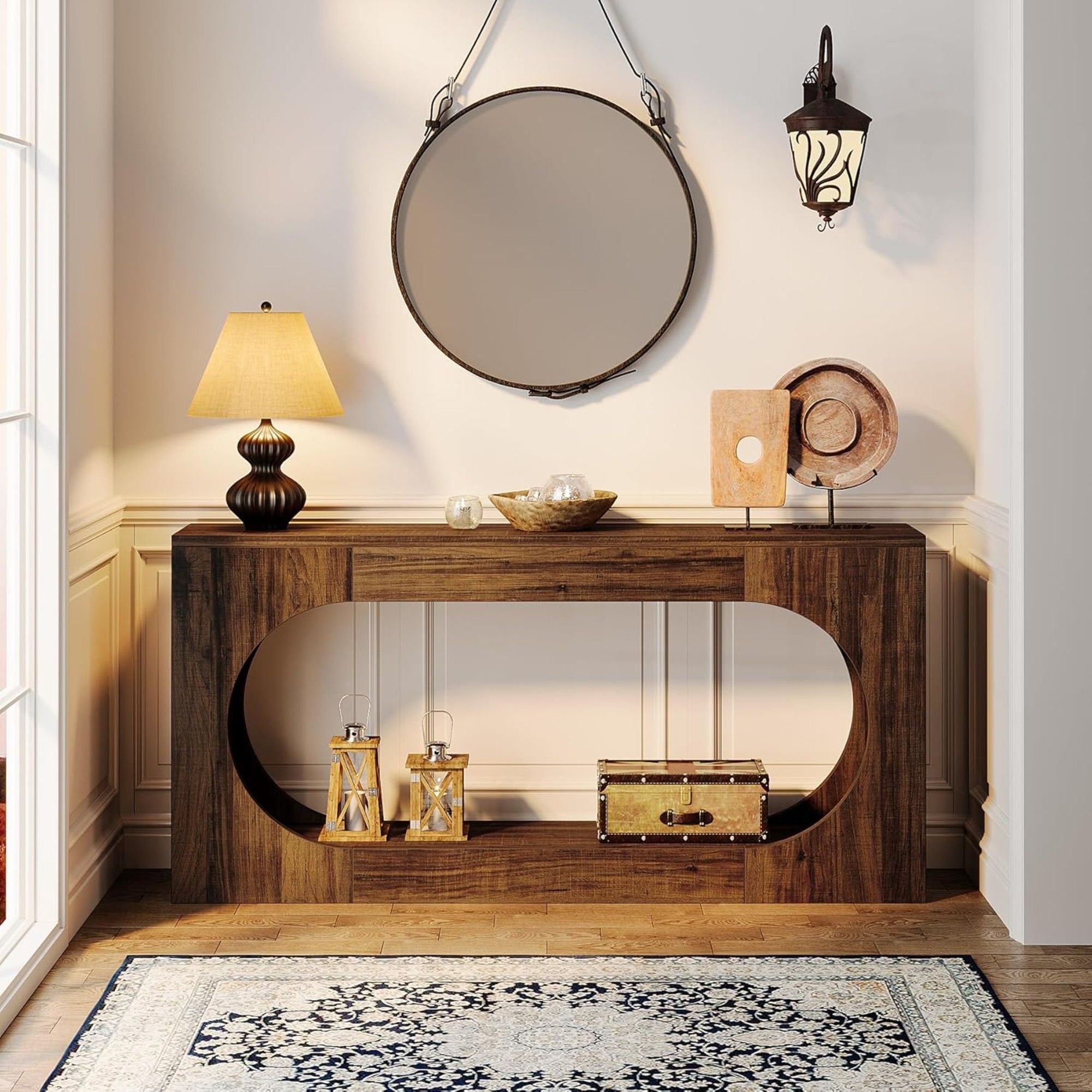 Narrow 2 Tier Console Table With Scalloped Edge For Living Hallway - Brown