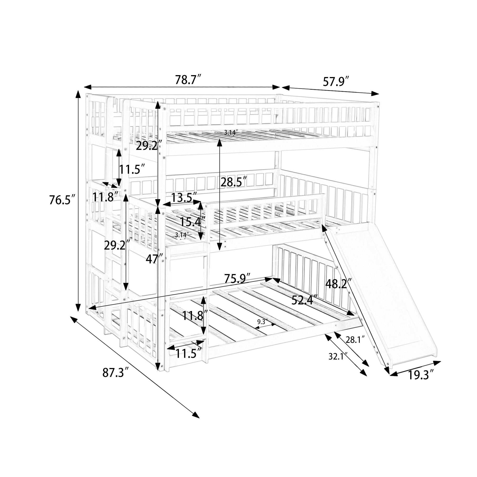 Triple Bed With Built-In Ladder And Slide, With Guardrails