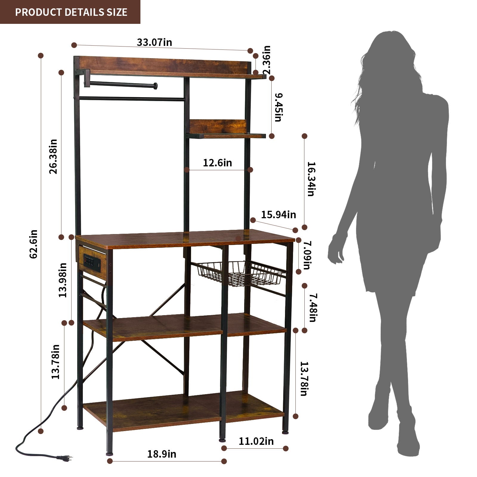 Bakers Rack With Power Outlet, Coffee Bar With S-Shaped Hooks, Kitchen Shelf With Wire Basket - Black / Brown