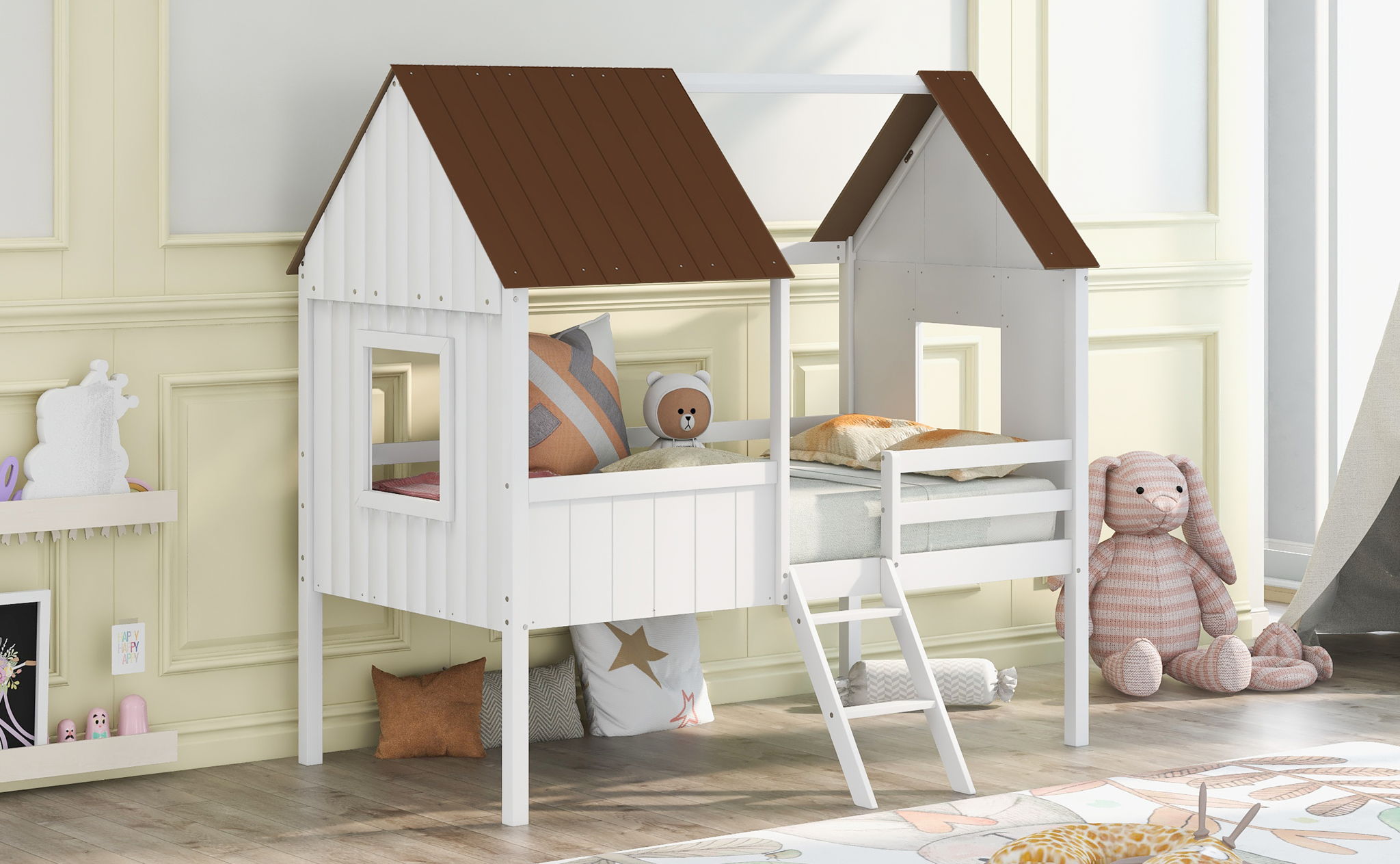 Low Loft Wooden House Bed With Two Side Windows