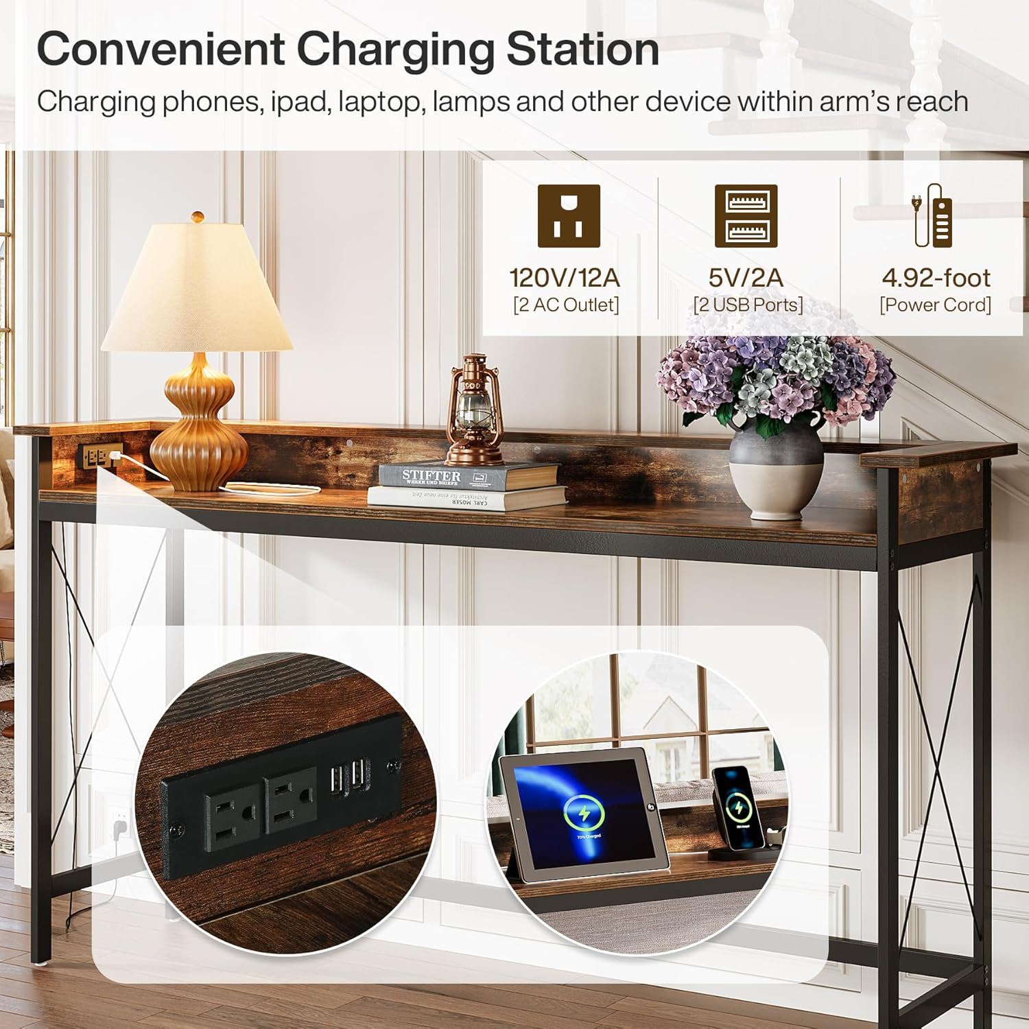 Console Table With Charging Station, Extra Long For Living Hallway - Brown / Black