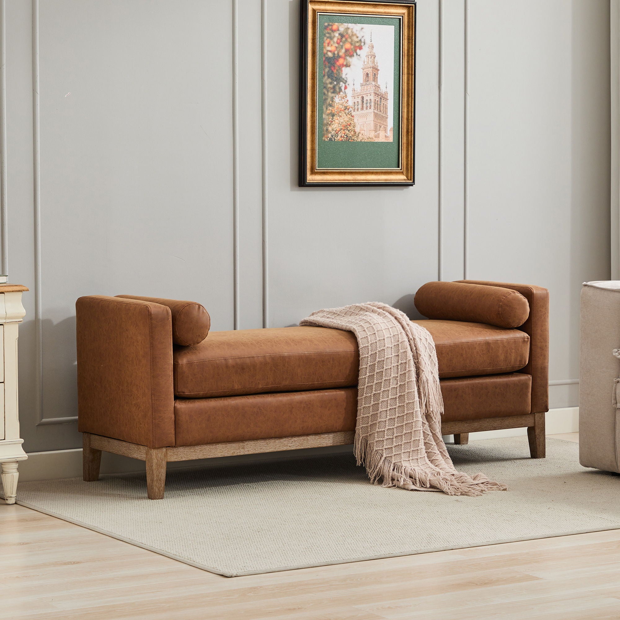 Elegant Upholstered Bench With 2 Bolster Pillows