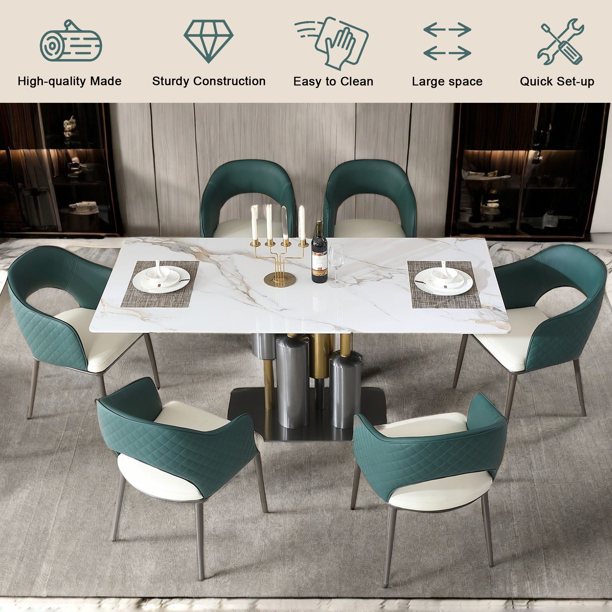 Dining Chairs, Modern Faux Leather Dining Metal Legs (Set of 2) - Green