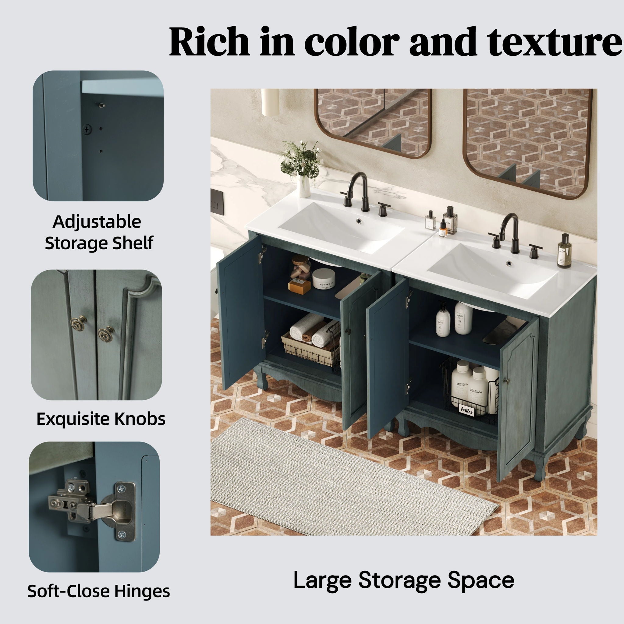 Vintage Double Sink Bathroom Vanity Set With Ceramic Sinks