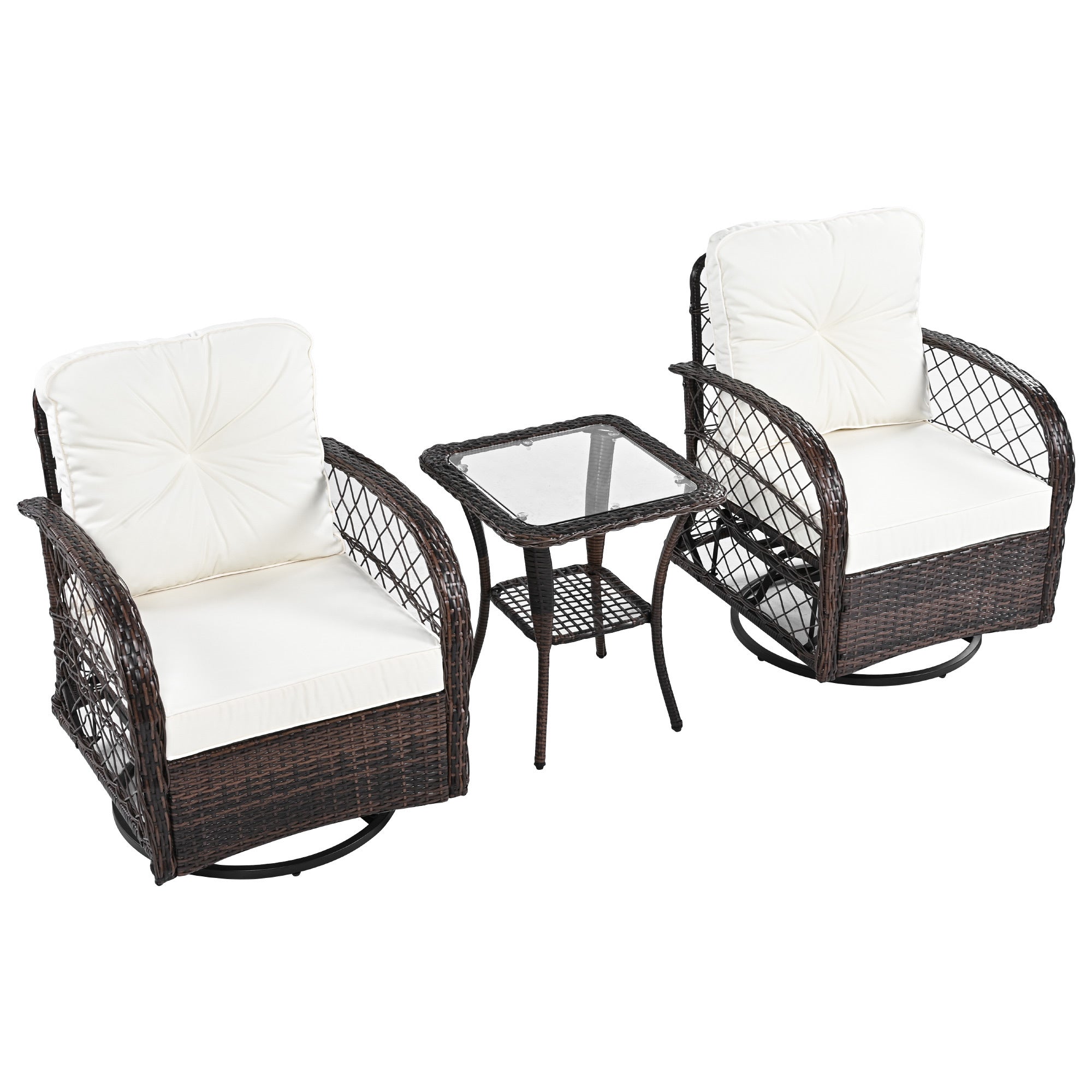 Rattan Outdoor Chair & Table Set with Swivel Chairs and Glass-Top Table for Patio, Garden, or Balcony, Brown