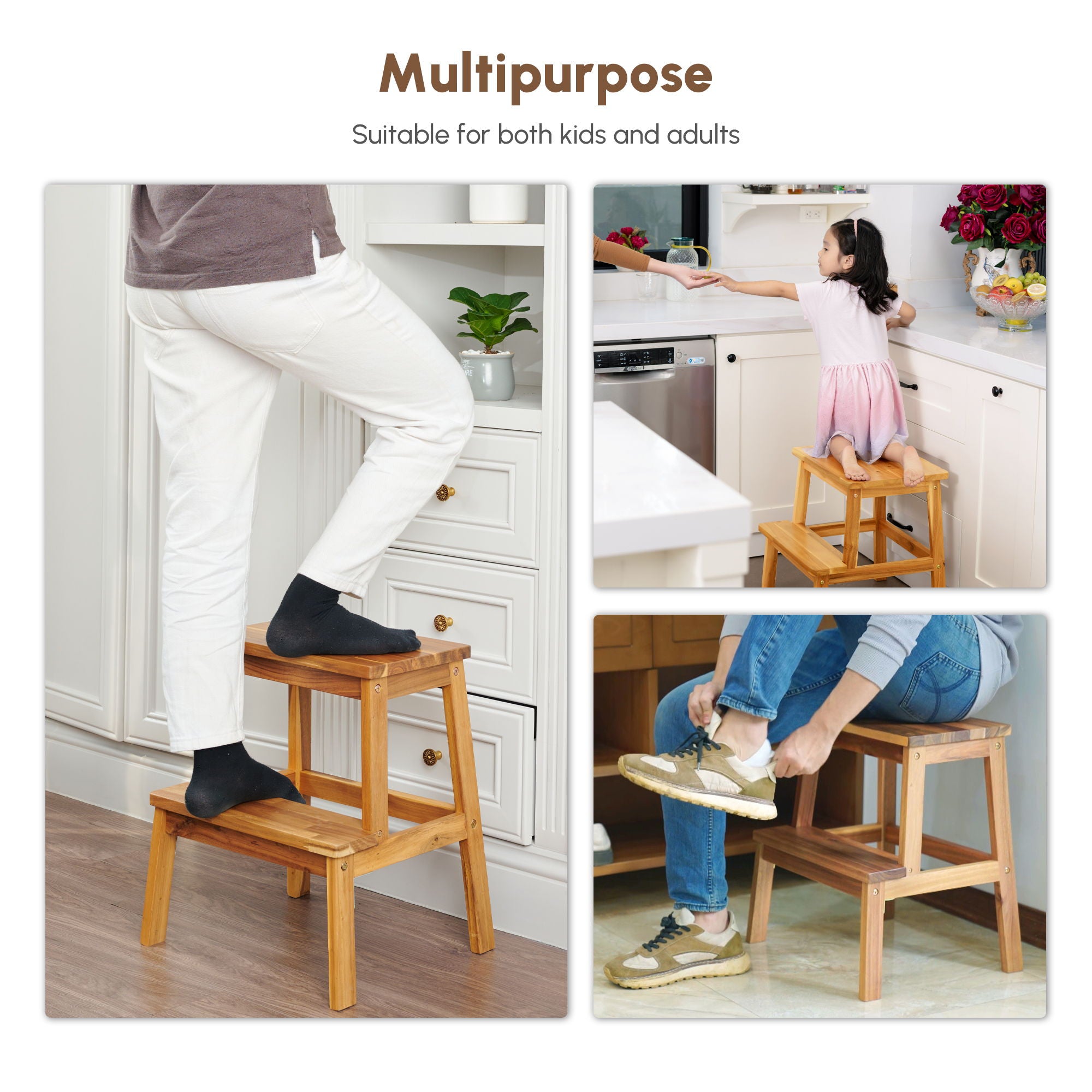 2 Step Stool, Indoor / Outdoor Use - Acacia Wood