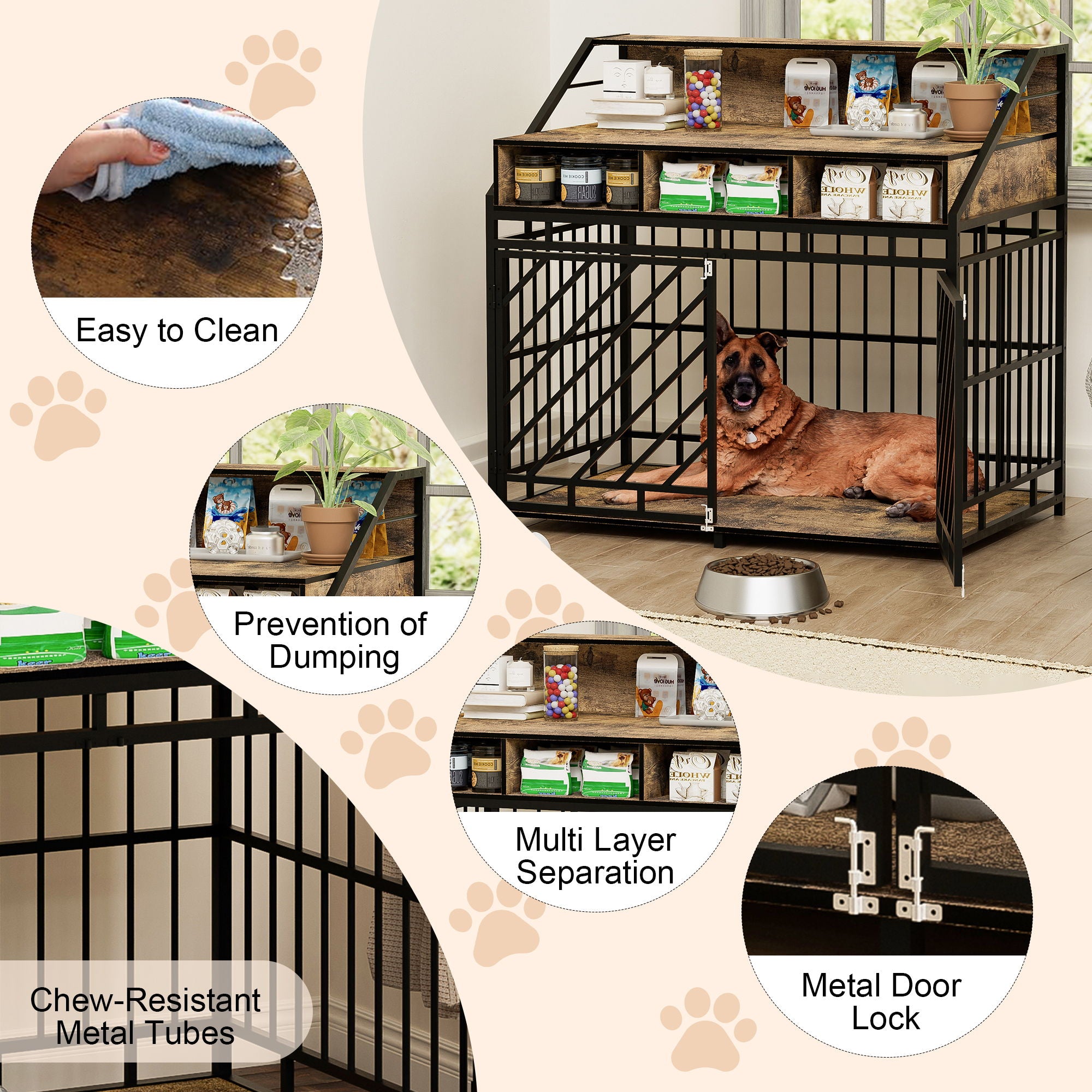 Wooden Dog Crate Furniture With Divider And Storage Drawers For Large Dogs - Rustic Brown