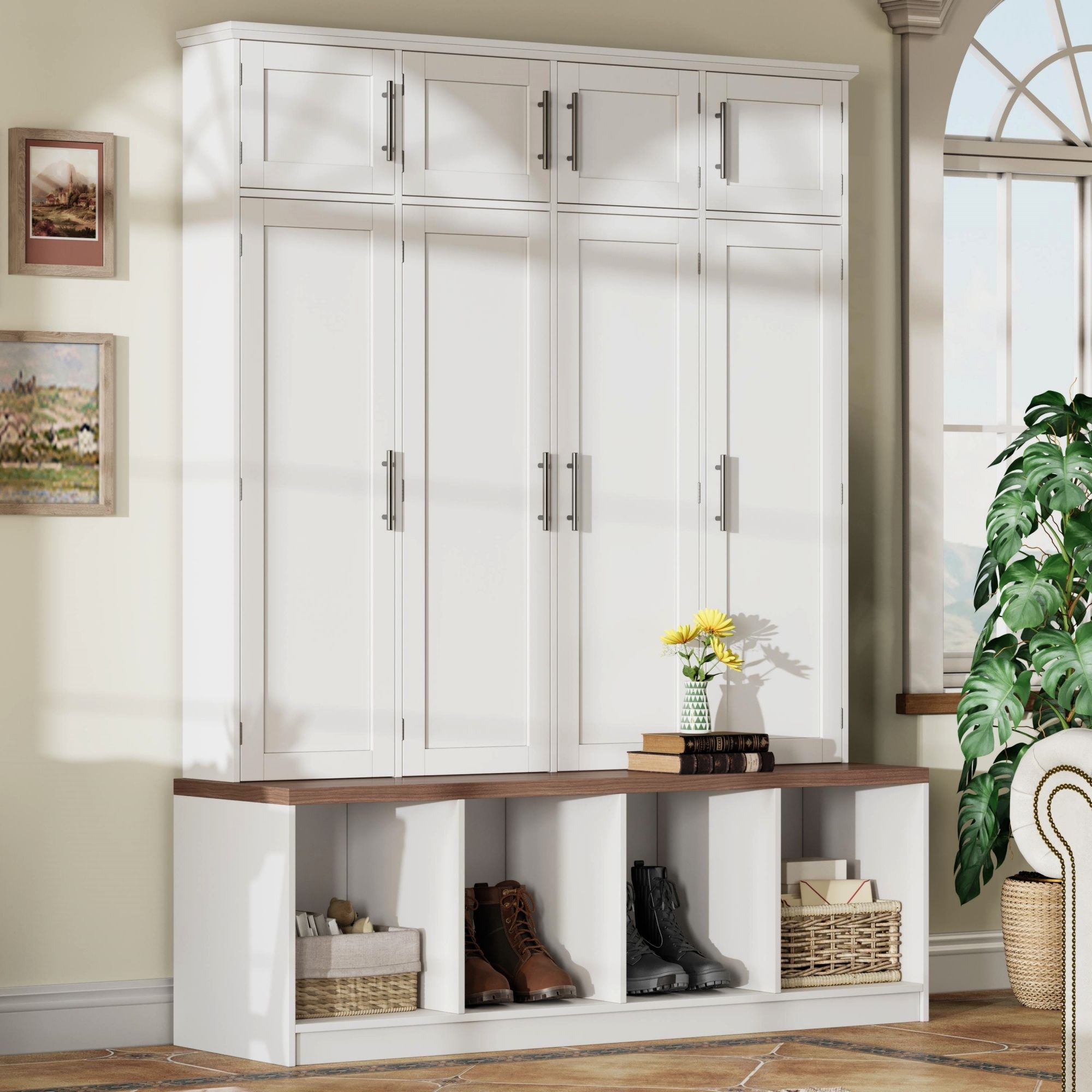 Farmhouse Hall Tree With 4 Hidden Hanging Hooks And 8 Doors