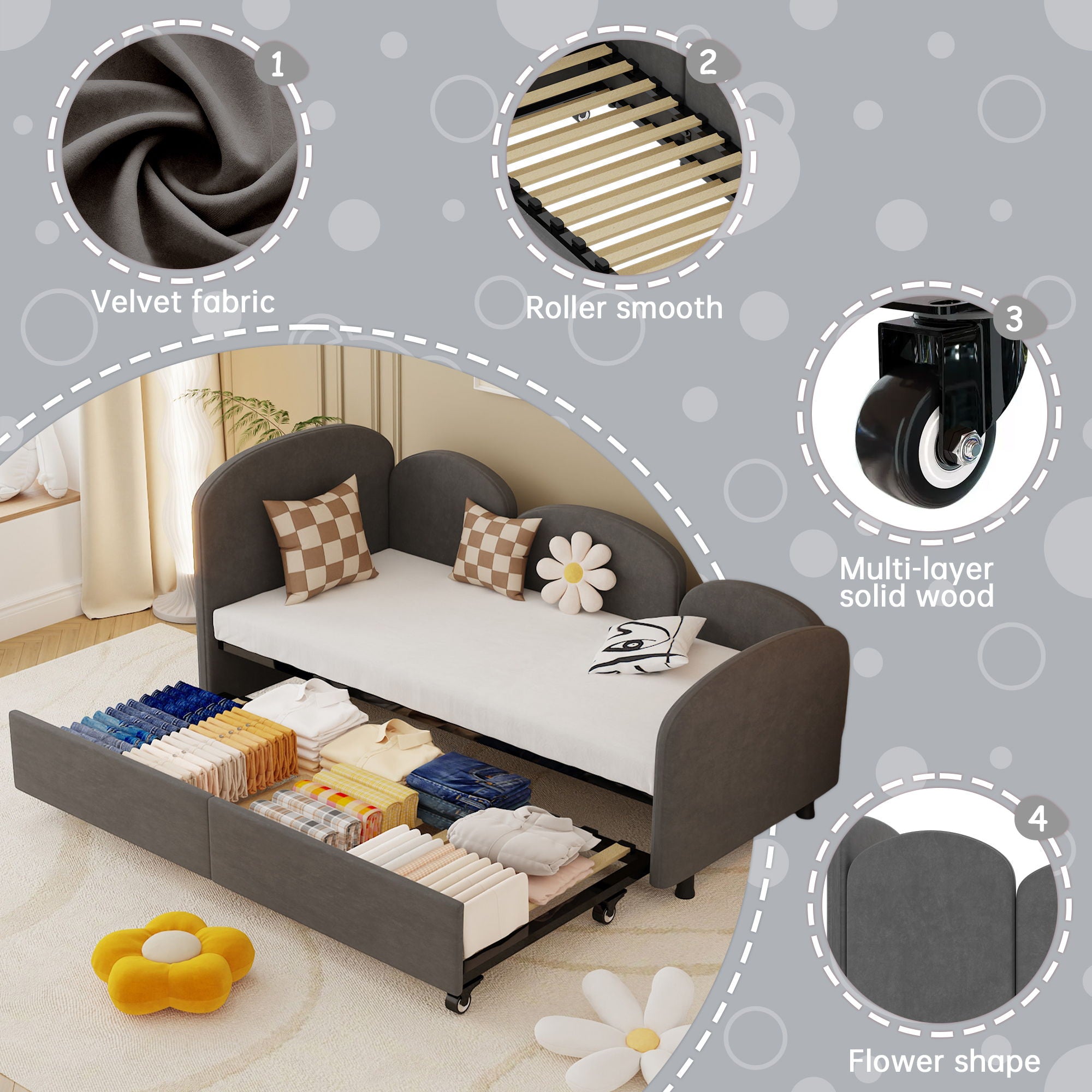 Modern Velvet Upholstered Daybed With Additional Bed Frame