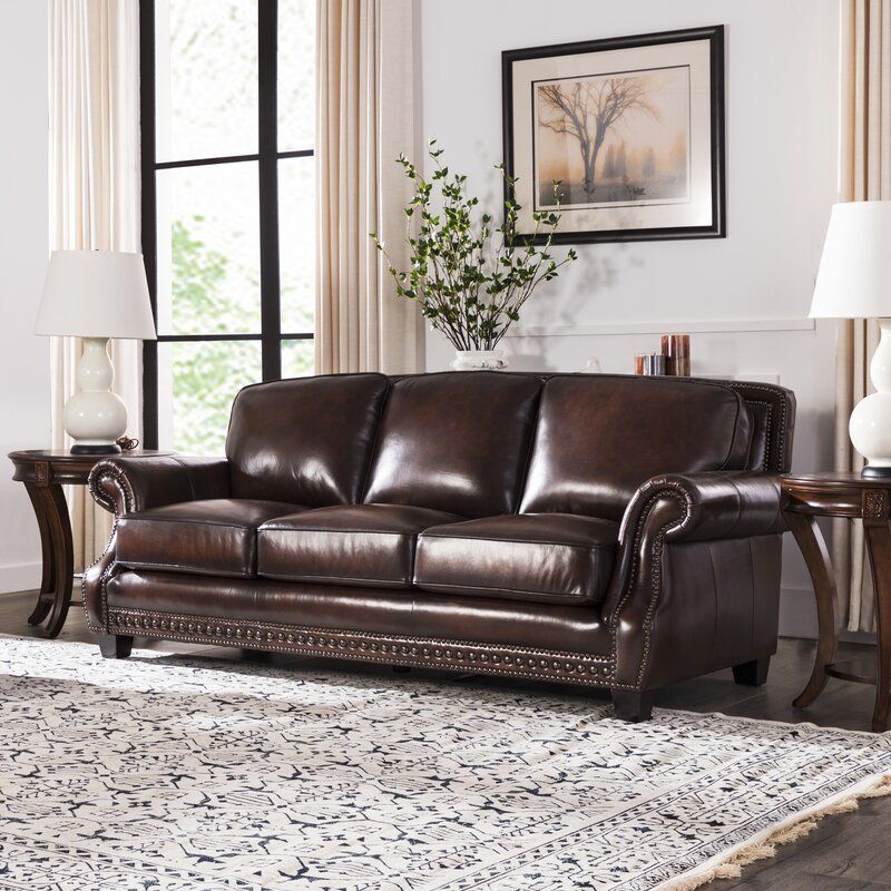 Traditional Roll Arm Nailhead Leather Sofa - Brown - Best Buy Furniture