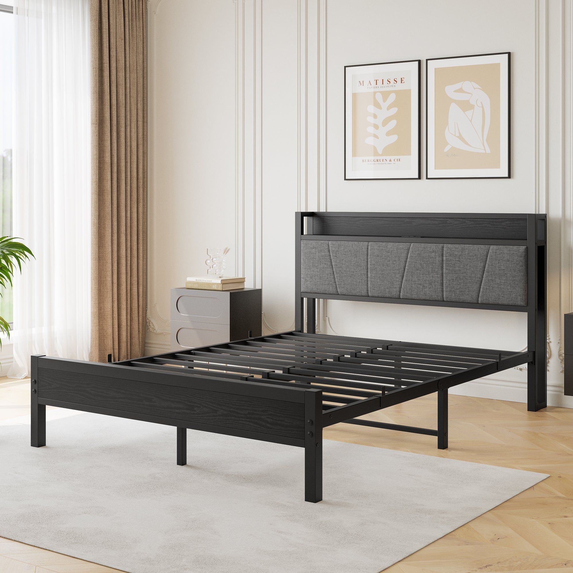 Queen Size Bed Frame with Storage Headboard and Charging Station