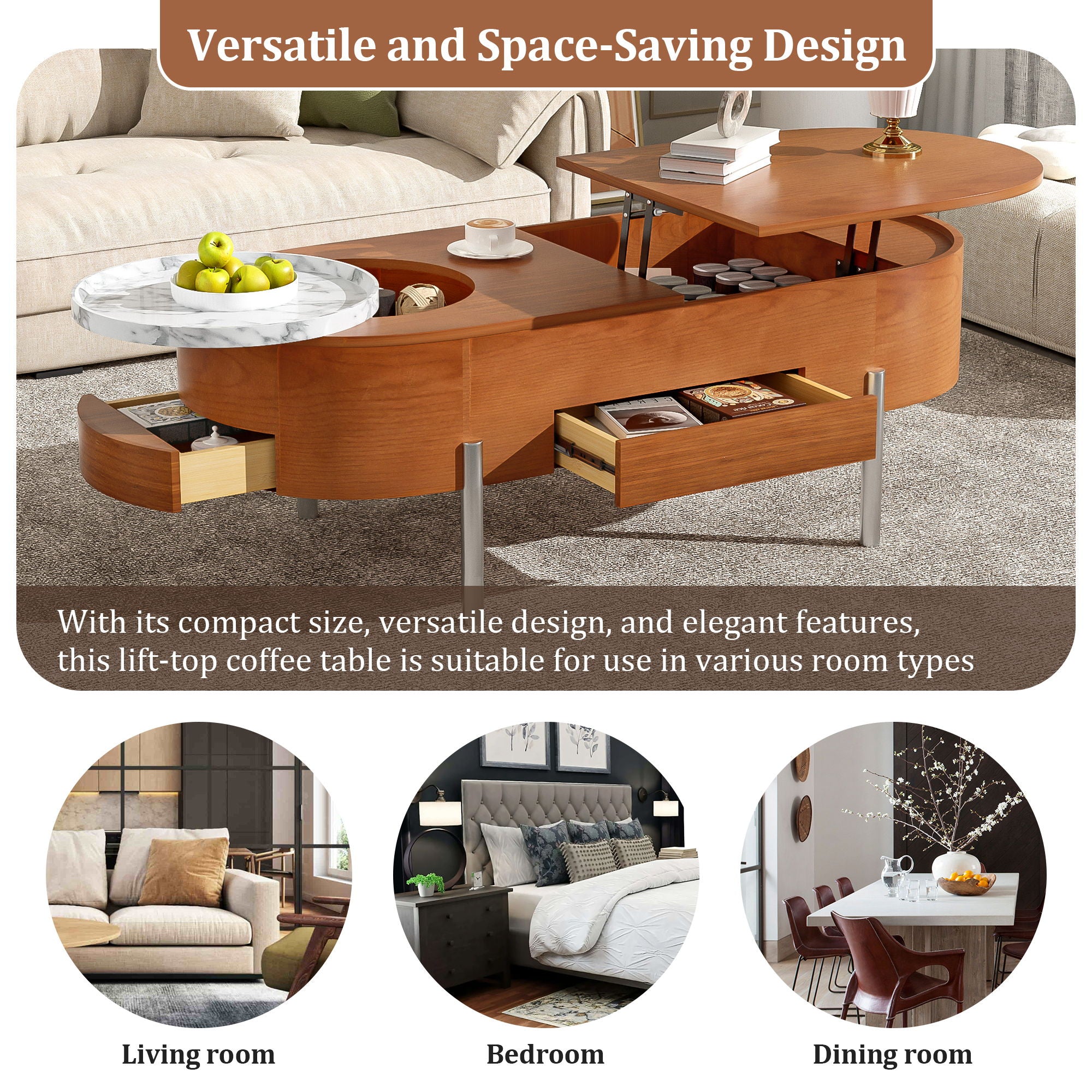 Lift Top Coffee Table With 360 Degree Marble Patterned Rotating Tray
