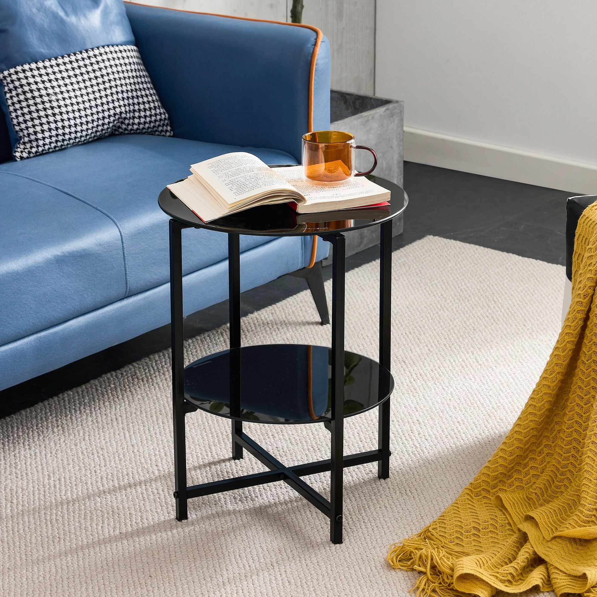 JWS Tempered Glass End Table (Set of 2), Round Coffee Table For Bedroom Living Room Office - Black