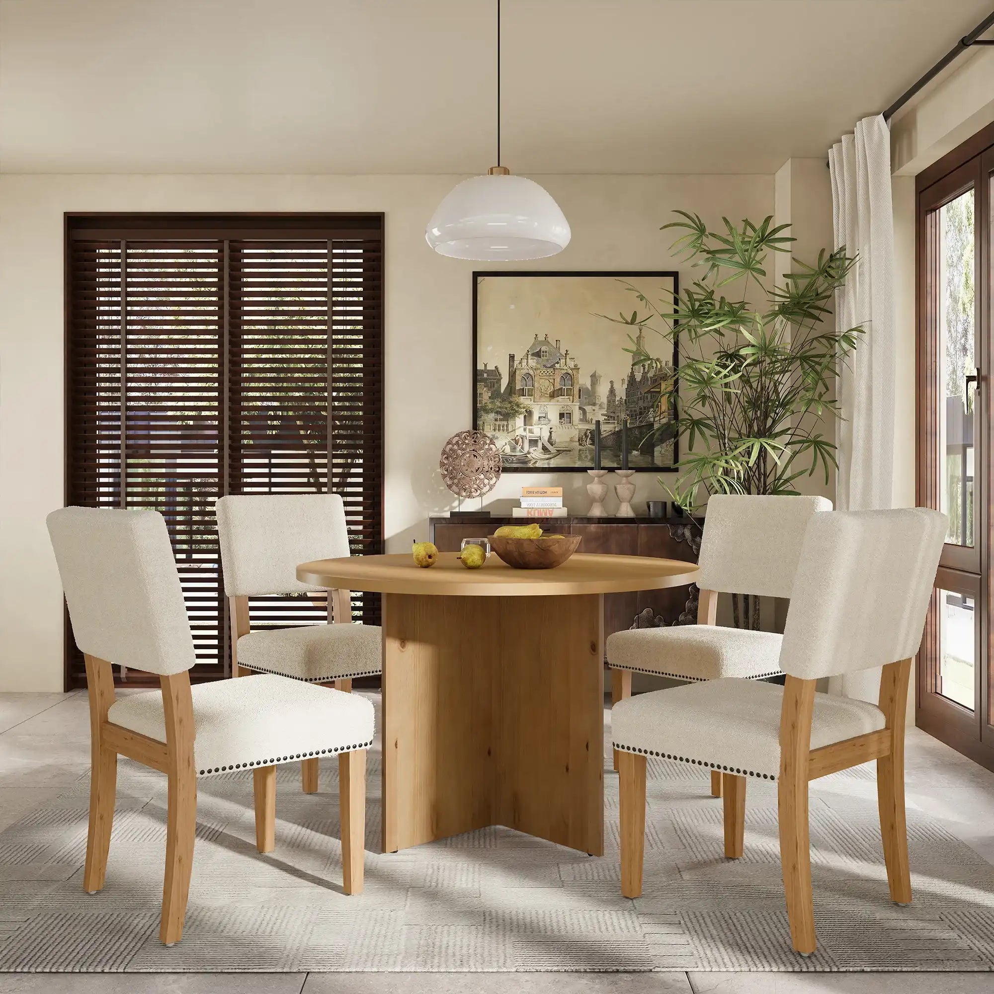 Modern 5-Piece Round Dining Table Set with Upholstered Chairs, Natural