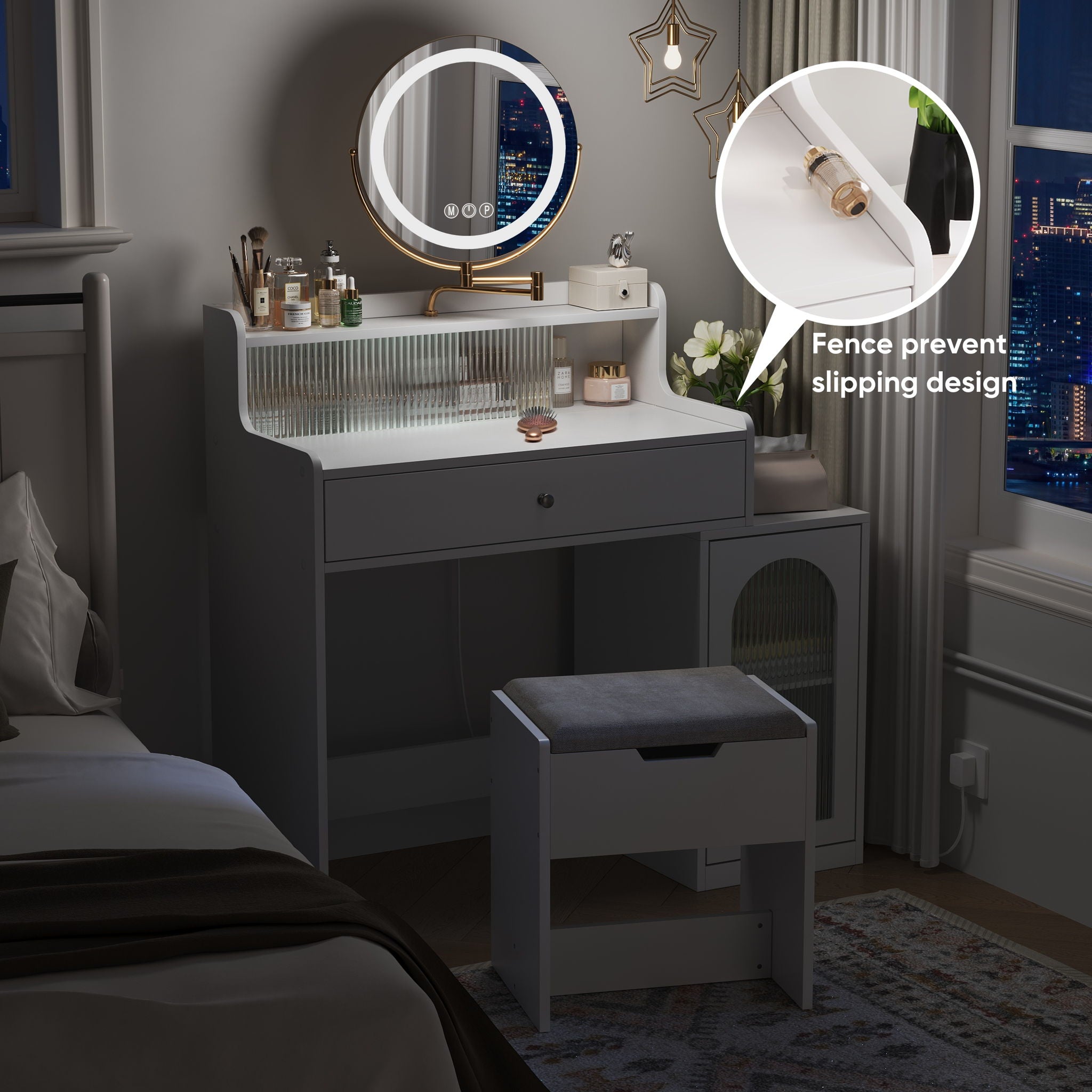 White Vanity Desk With 360° Rotated Mirror And Adjustable Lights, Girls Makeup Vanity Table With Storage Chair And Side Cabinet - Antique White