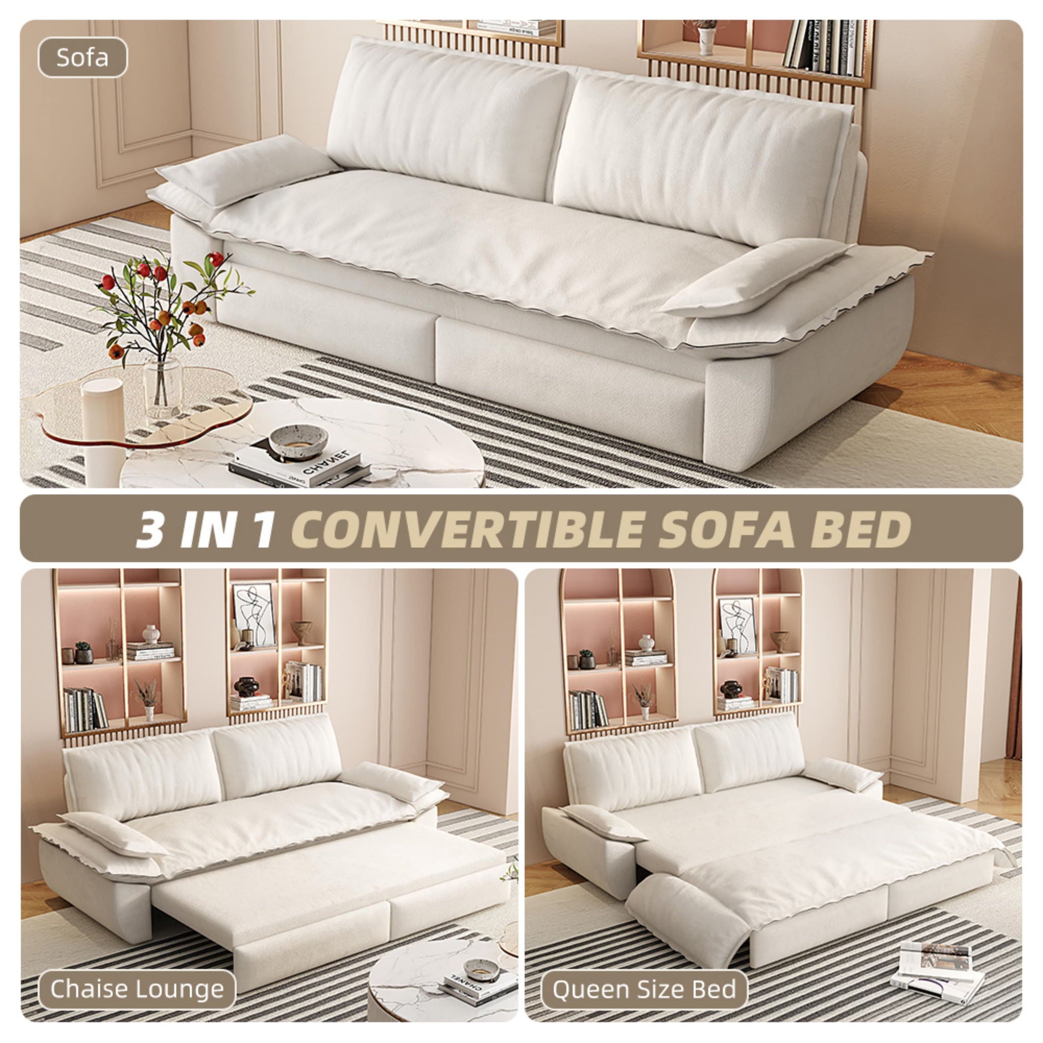 Queen Pull Out 3 In 1 Convertible Sleeper Sofa With Side Storage