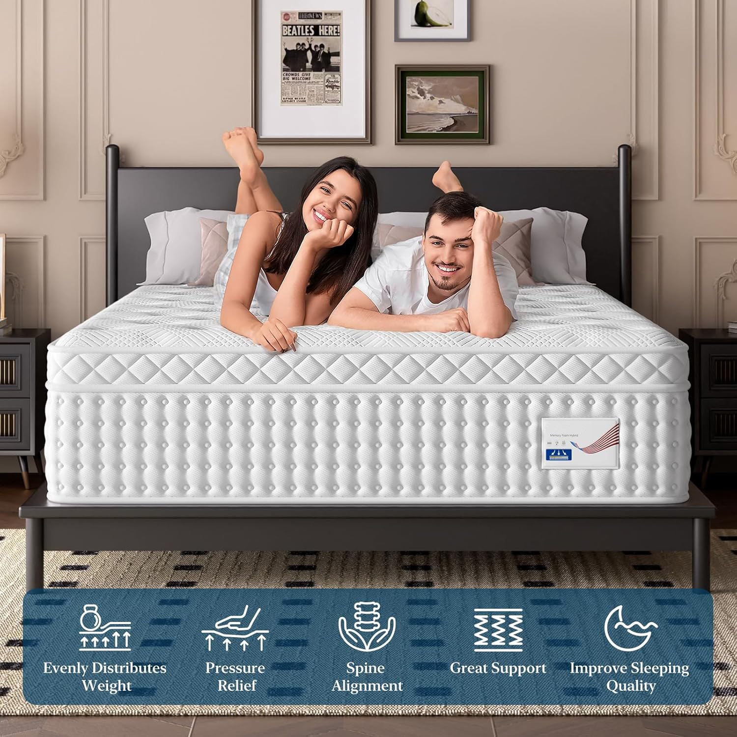 14" King Hybrid Mattress, Memory Foam & Pocket Spring Bed, Medium Firm Comfort, Spine Support, Quiet & Breathable - White