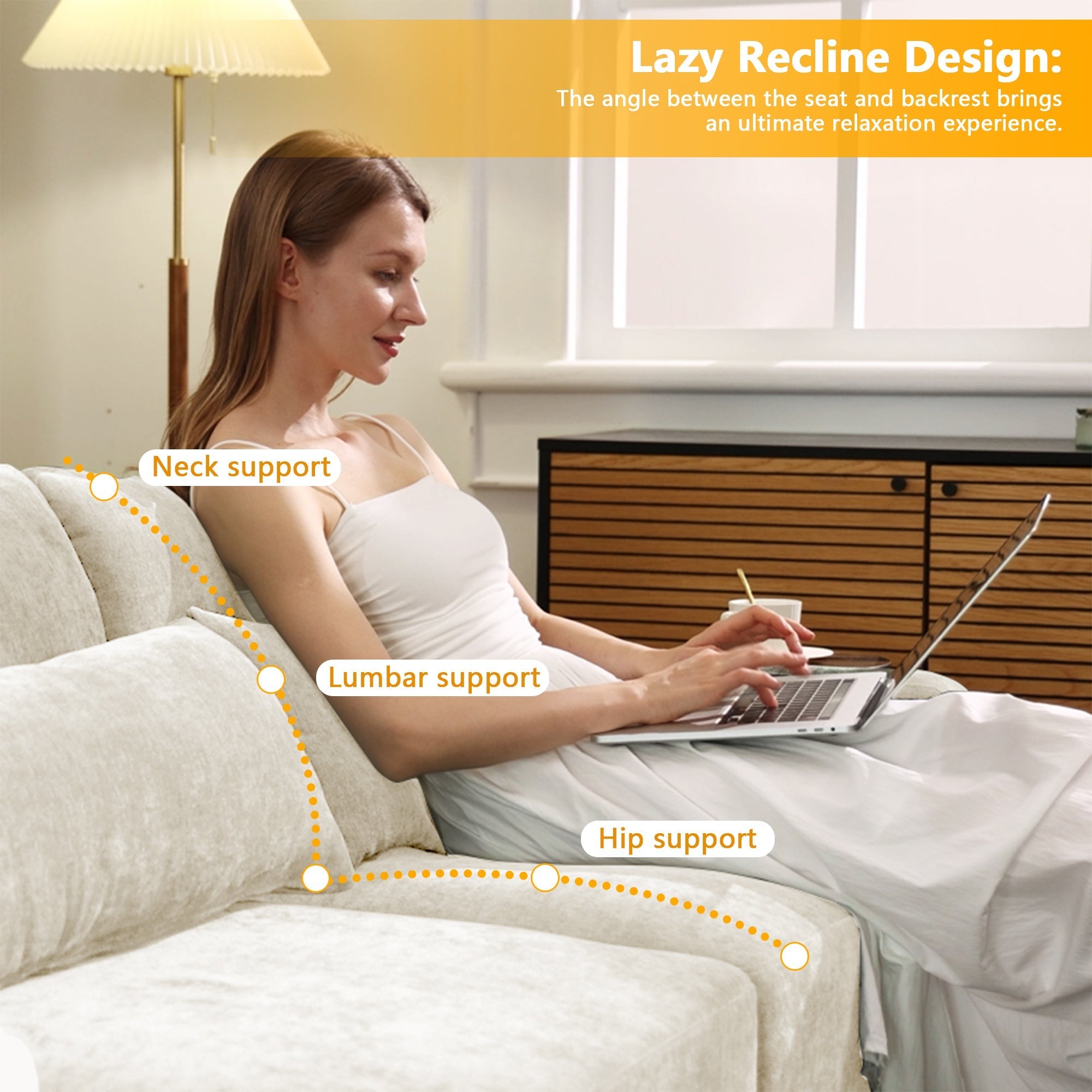 Elegant Four-Seater Sofa with Movable Ottoman and Lumbar Pillow