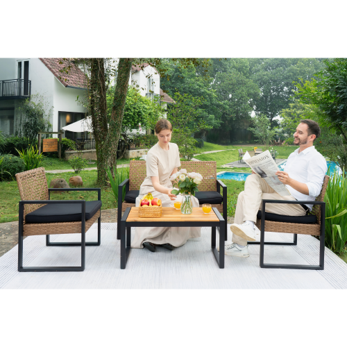 Lume Outdoor Acacia 4-Piece Wicker Sofa Set with Table Light Brown