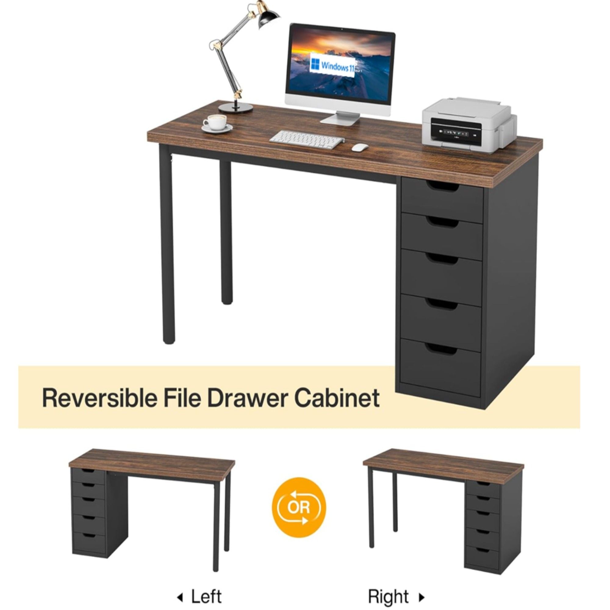 Computer Desk With 5 Drawers, Reversible Cabinet Design