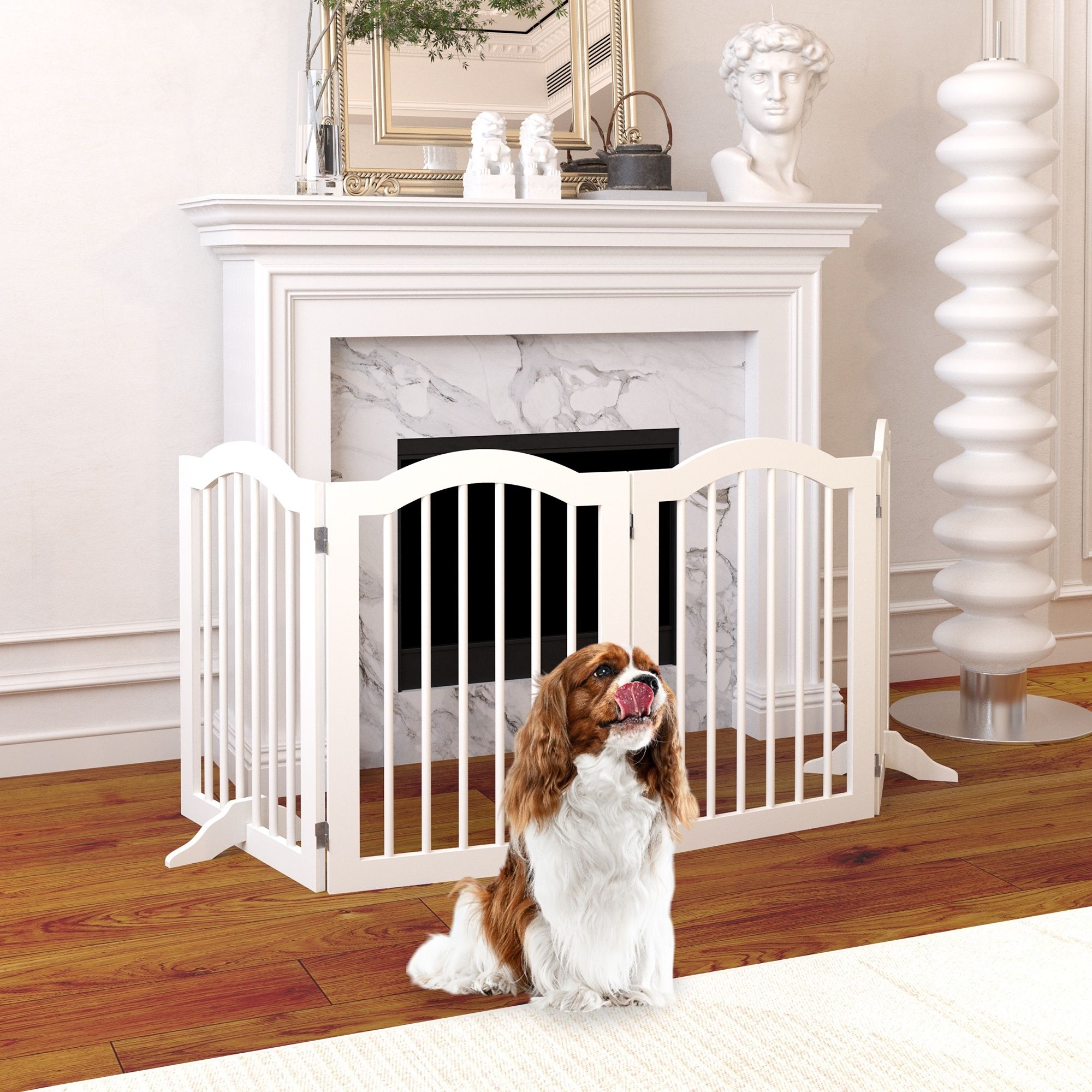 4 Panel Freestanding Pet Gate With Foldable Design And Support Feet - White