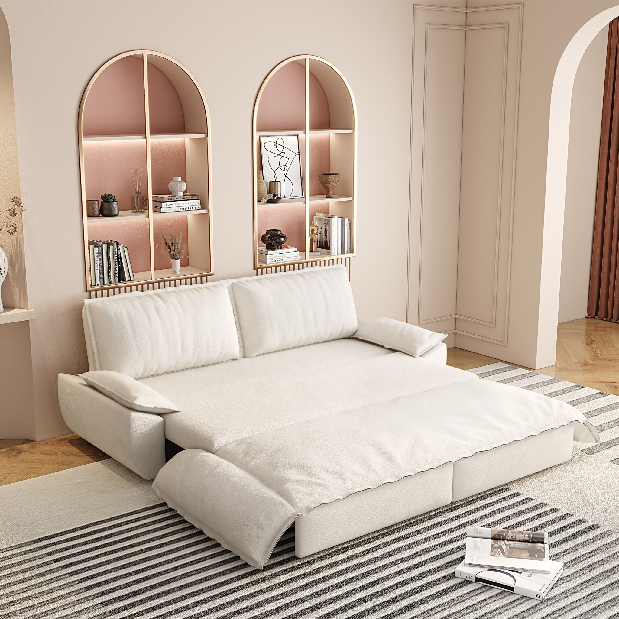 Queen Pull Out 3 In 1 Convertible Sleeper Sofa With Side Storage