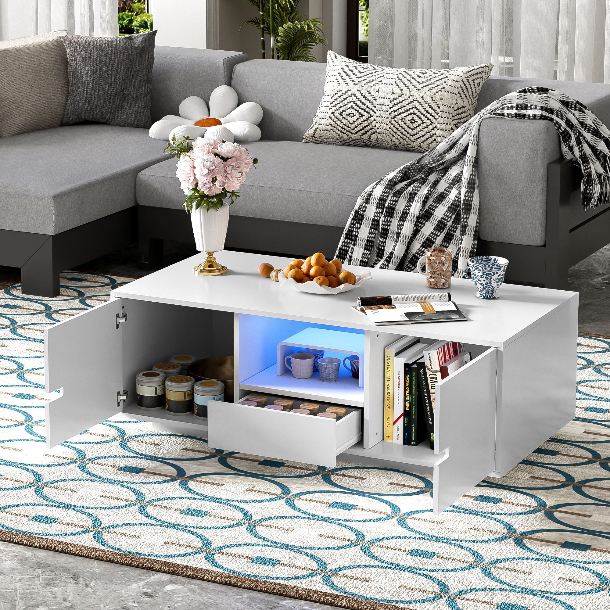 Modern High Glossy Rectangle Coffee Table With 16 Color LED Lights For Living Room