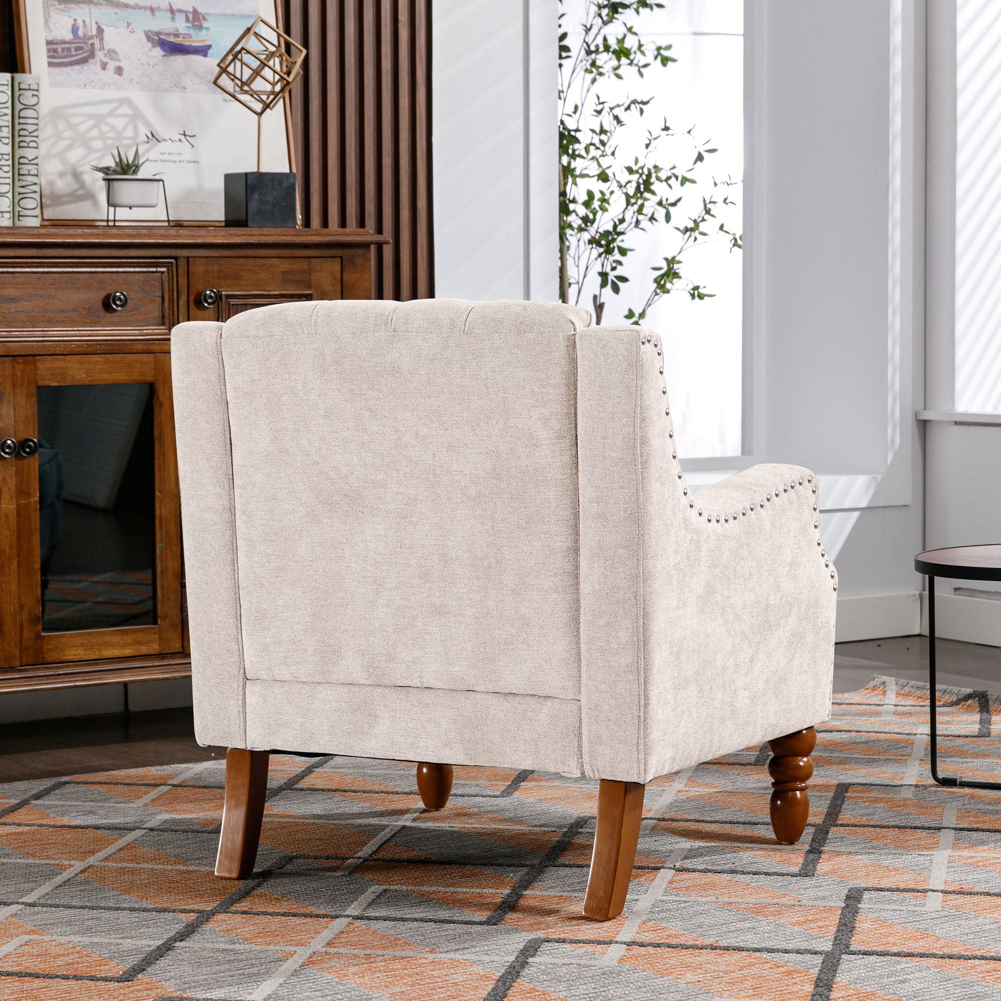 Accent Chair, Living Room Chair, Footrest Chair Set With Vintage Brass Studs, Button Tufted Upholstered Armchair For Living Room, Comfy Reading Chair For Bedroom, Reception Room - Best Buy Furniture