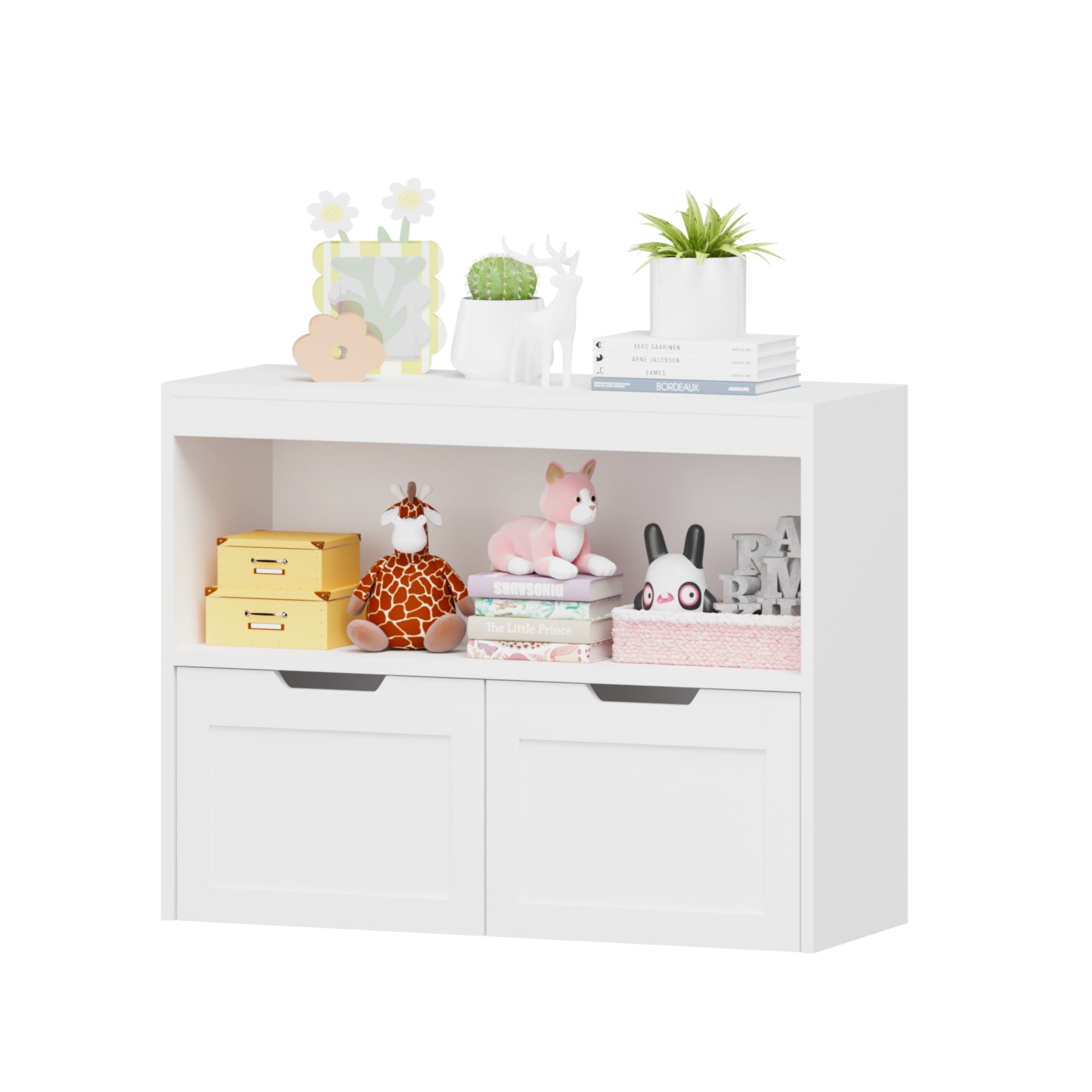 Book Organizer With Large Drawers And Open Shelves, Toy Storage Cabinet With Removable Wheels And Rounded Edges - White