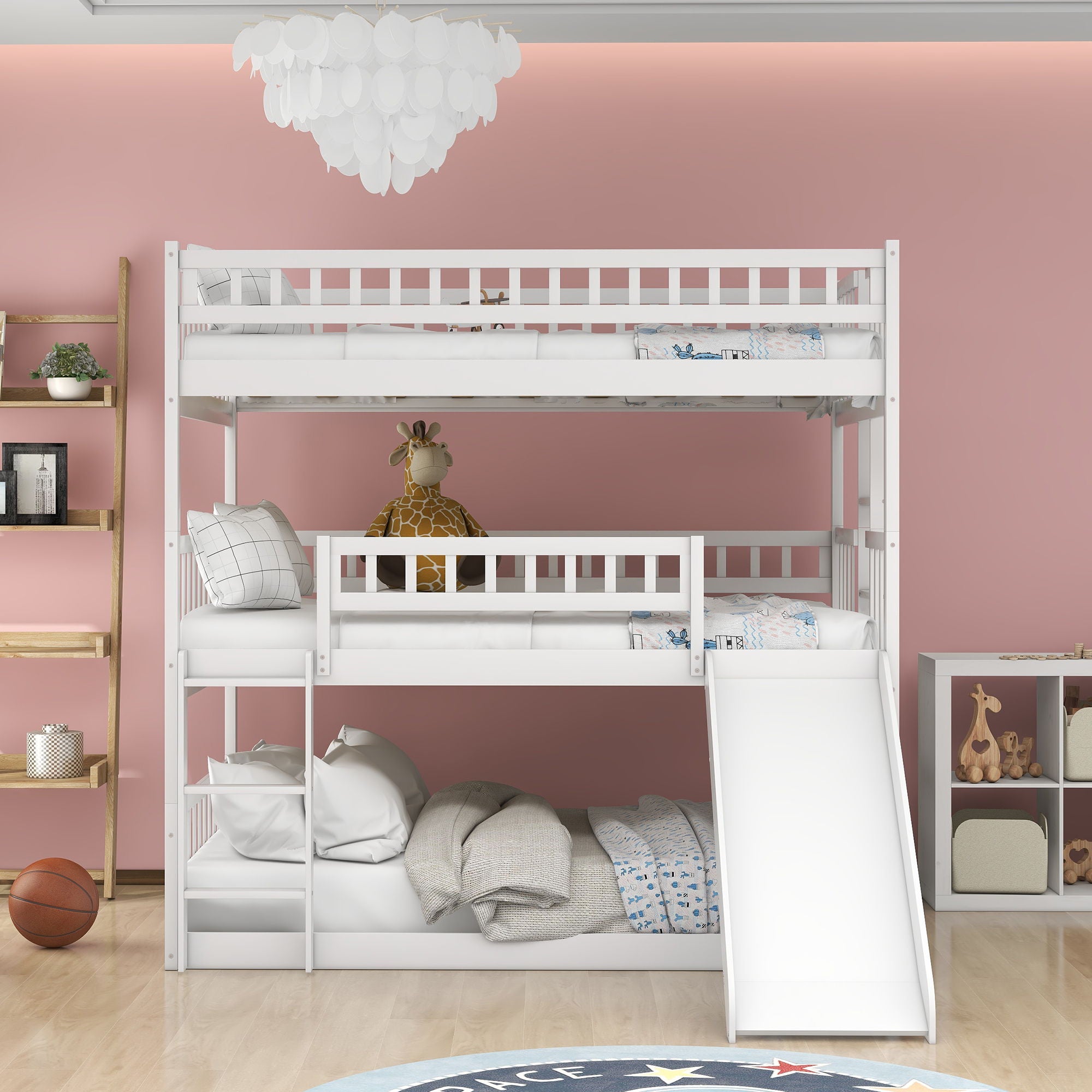 Triple Bed With Built-In Ladder And Slide, With Guardrails