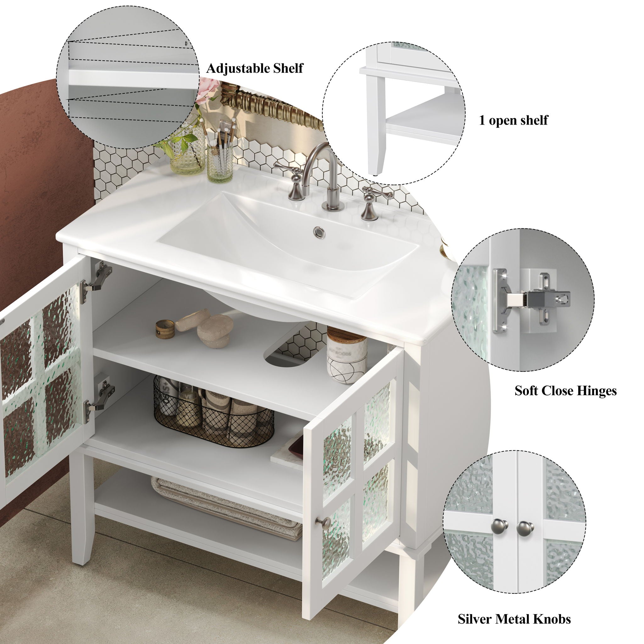 Bathroom Vanity With Ceramic Sink, Adjustable & Open Shelf