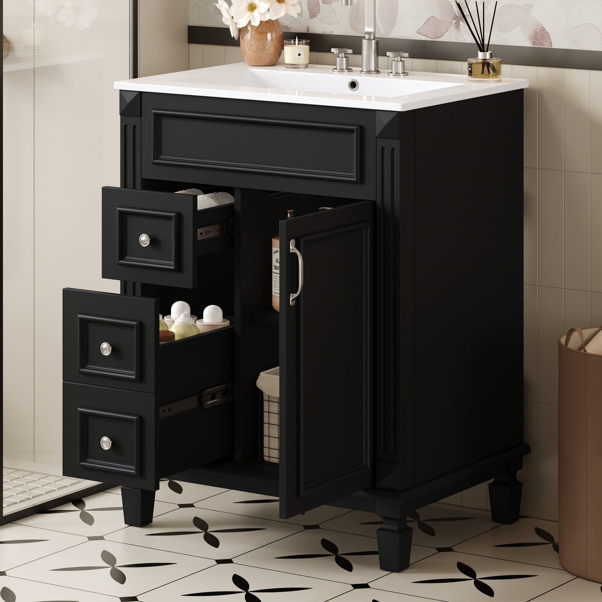 Bathroom Vanity With Sink, Compact Cabinet & 2 Drawers And Adjustable Shelf