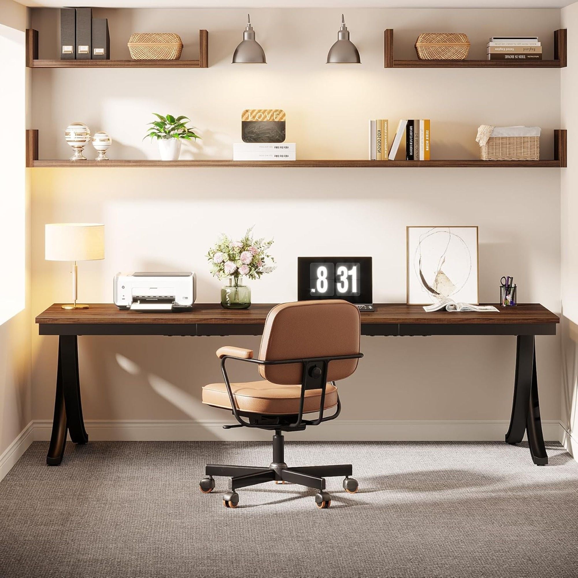 2 Person Desk With X Legs, Extra Long Office Workstation - Brown / Black