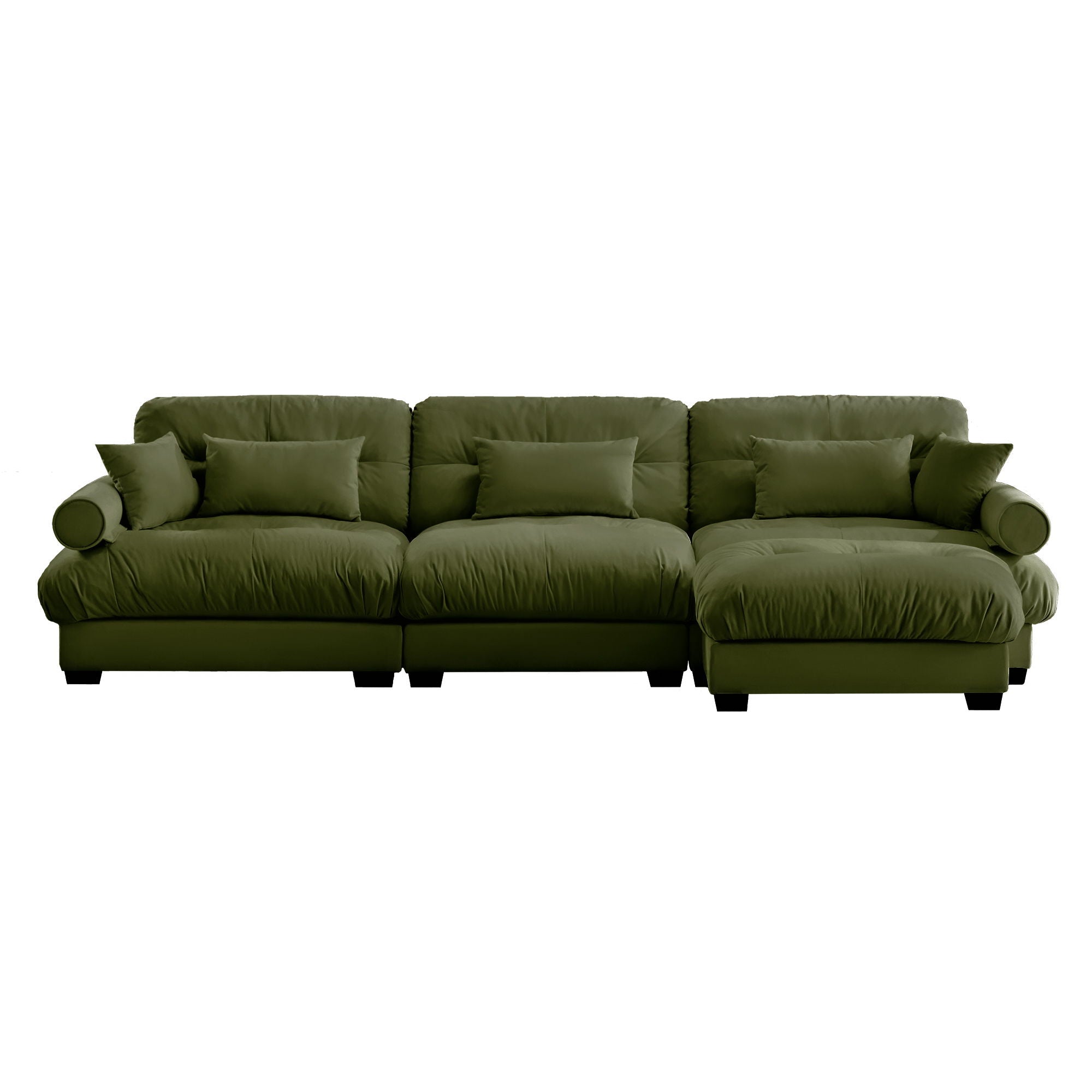 Modern Sectional Sofa With Ottoman, Round Bolster Armrests, Waist And Throw Pillows