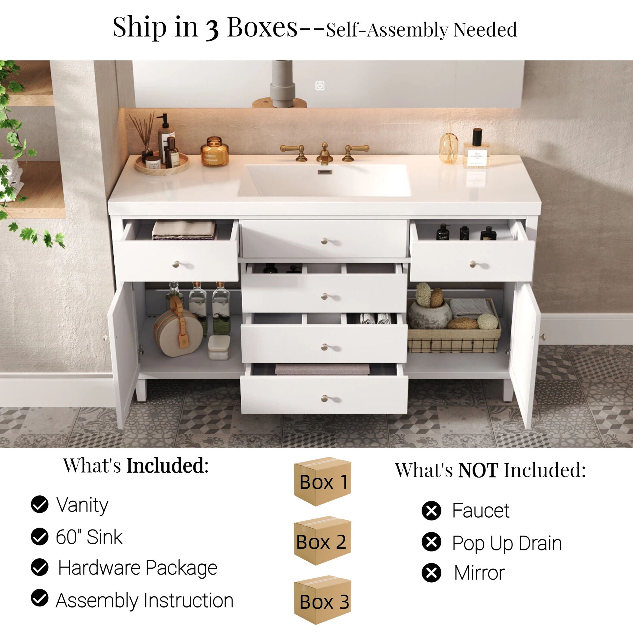 Bathroom Vanity With Sink, 5 Legs, Soft Close Drawers