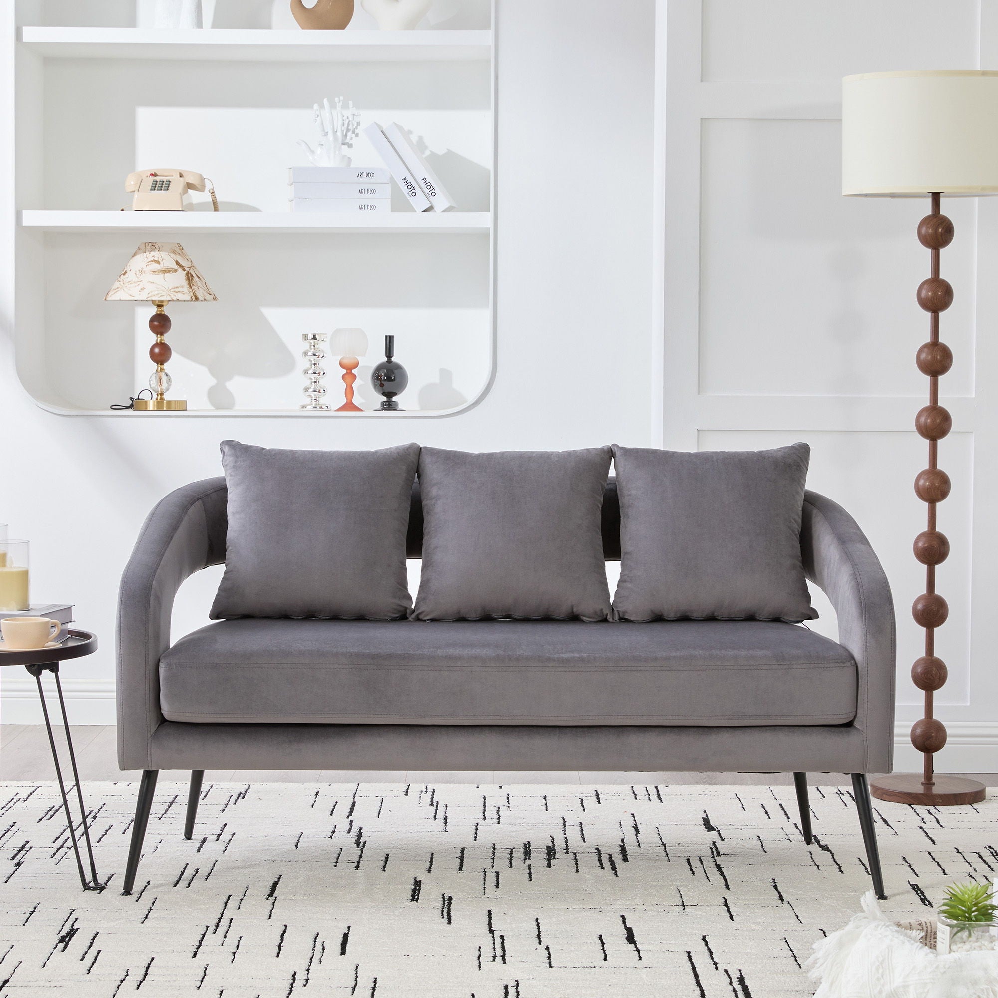 Open Back Loveseat Settee With 3 Pillows - Charcoal