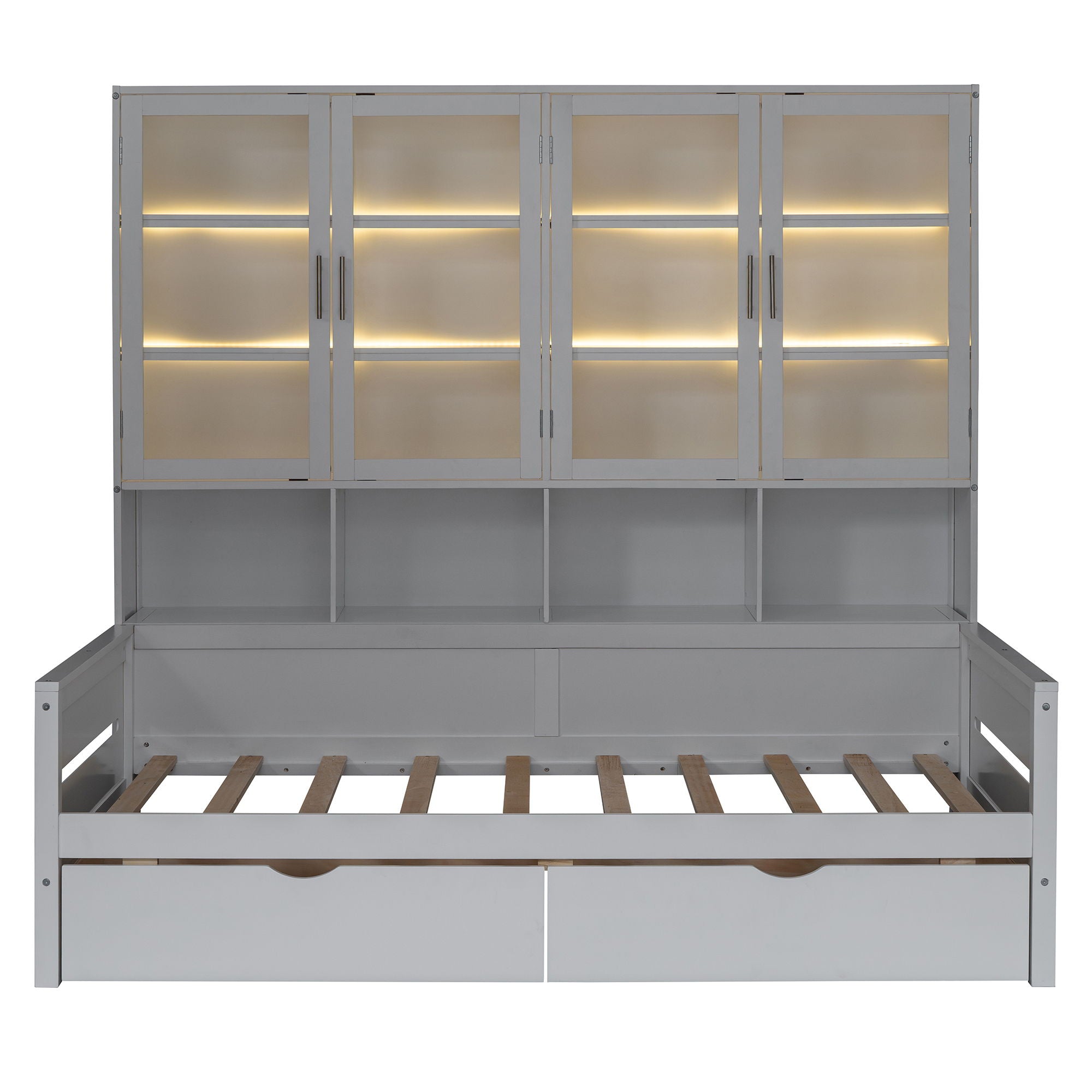 Daybed With Glass Door Storage Cabinets, Built In LED Lighting And Shelves