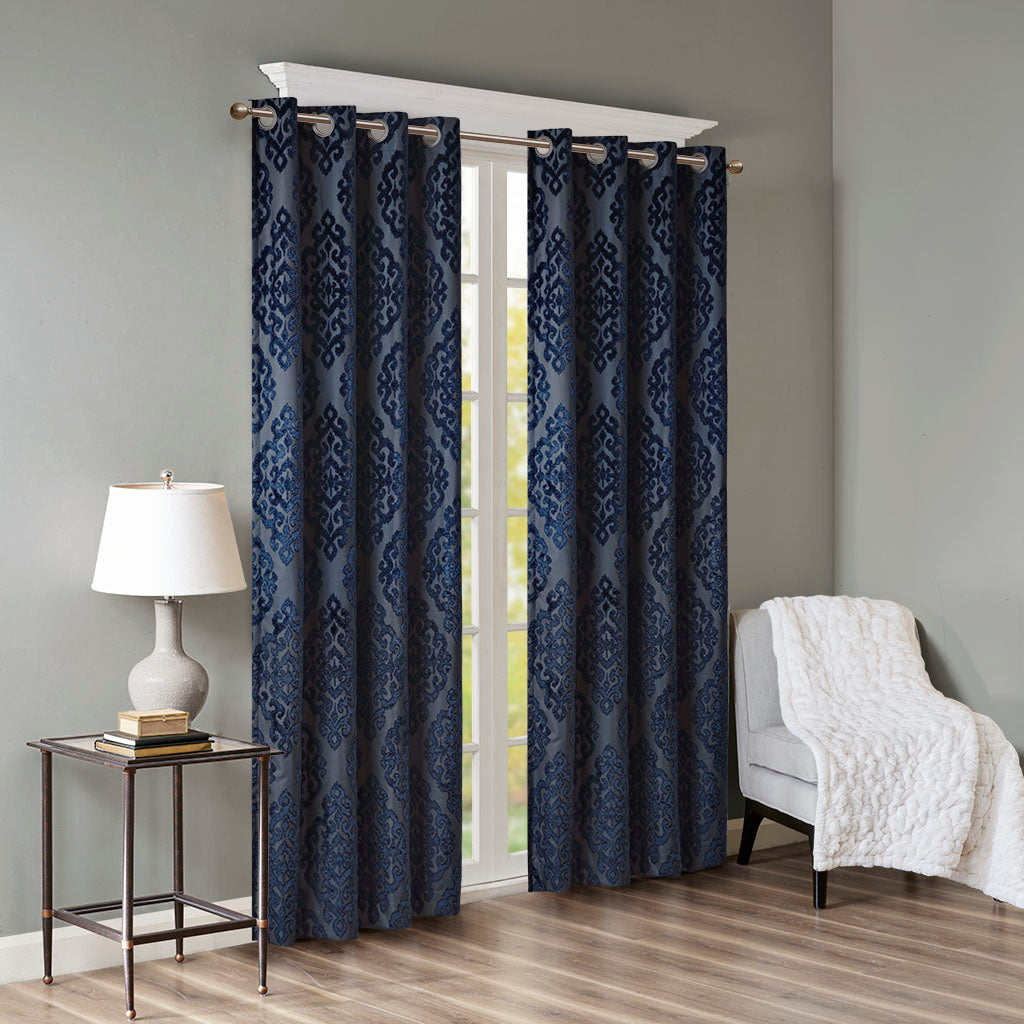 Knitted jacquard damask total blackout grommet top curtain panel (only 1 pc panel)