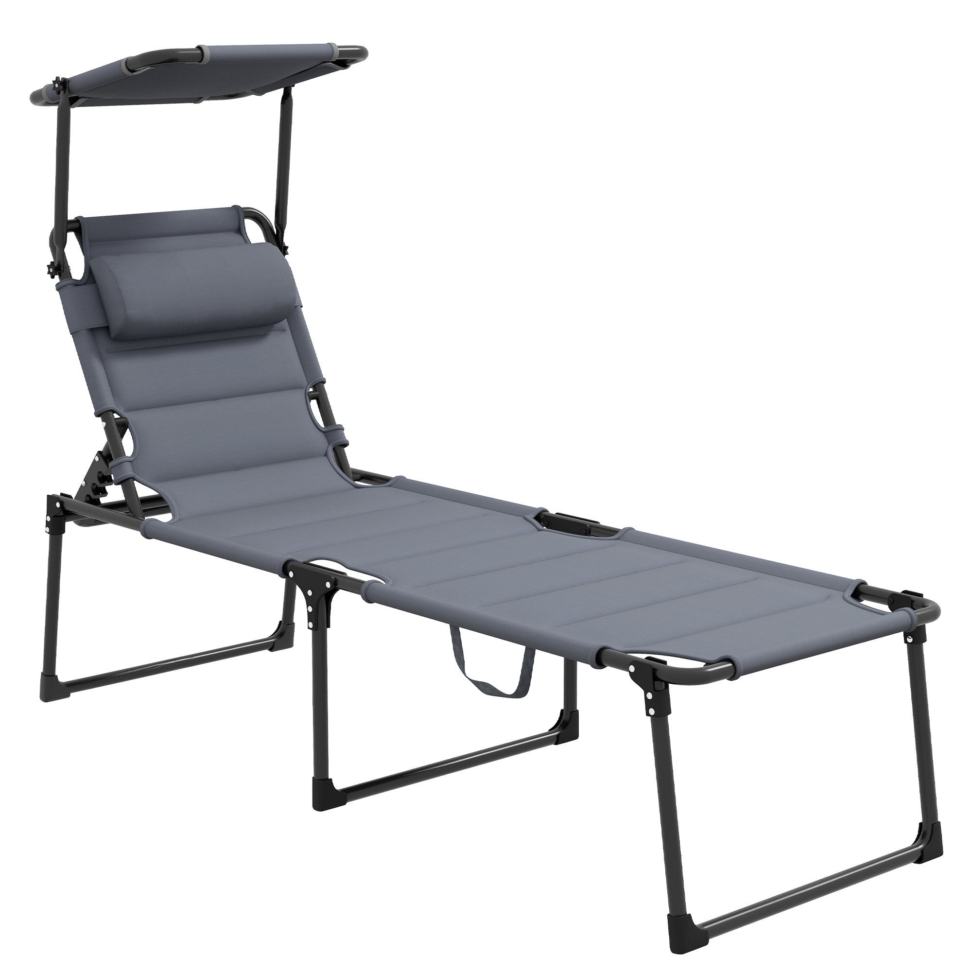 Folding Chaise Lounge Chair with Adjustable Backrest and Sunshade, Gray