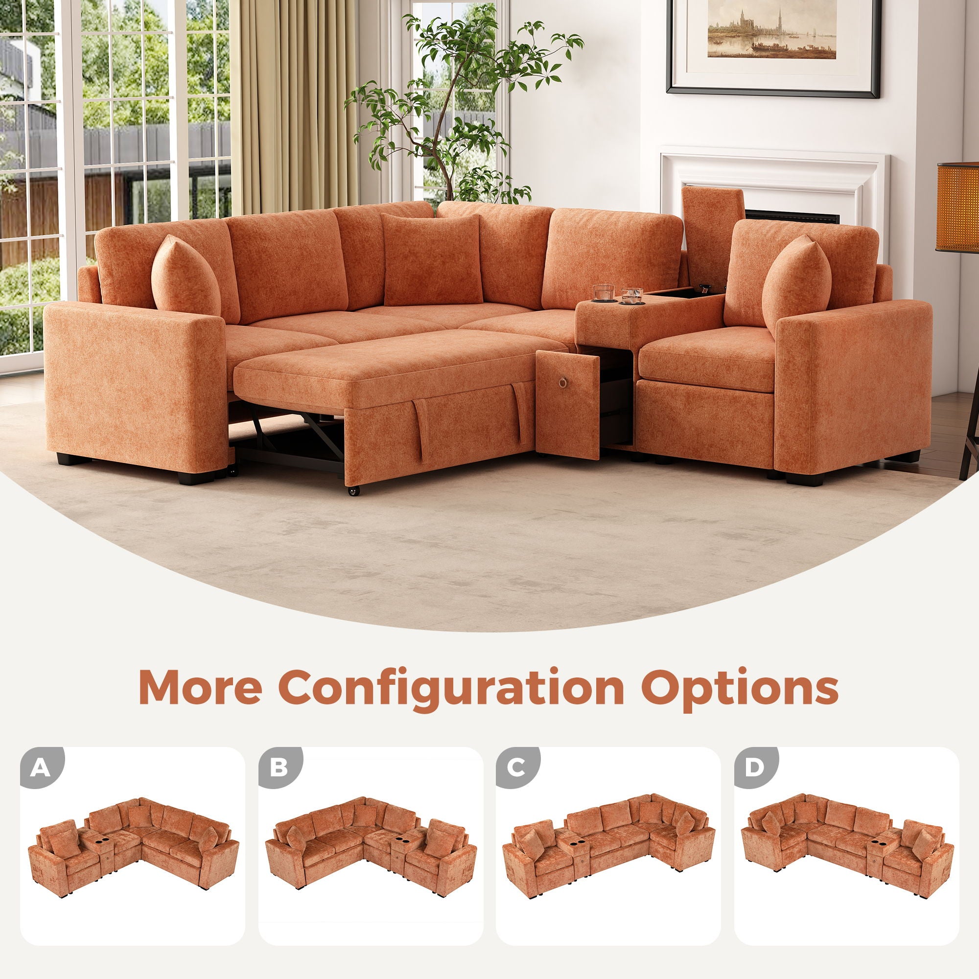Modular L-Shaped Sectional Sofa Bed With Pull-Out Sleeper, Cup Holders, And Storage