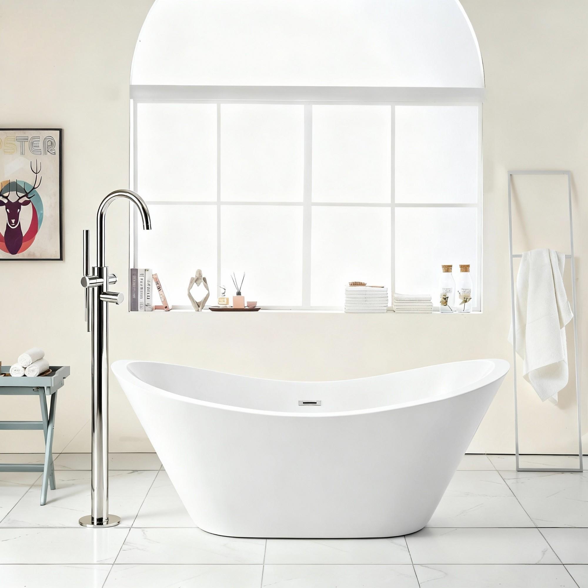 Glossy Freestanding Bathtub, Double Slipper Design, Deep Soaking Comfort