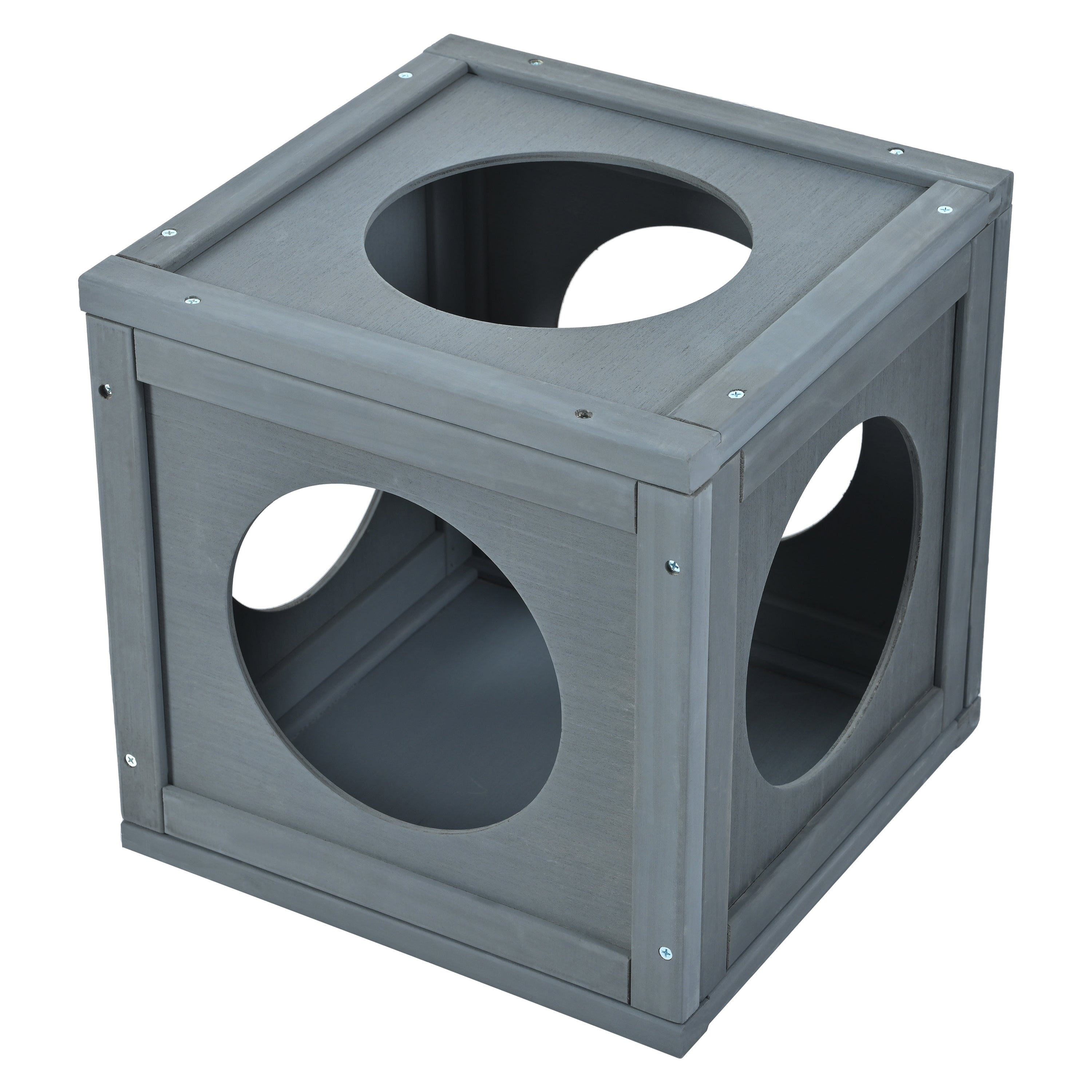 Grey Pine Wood Outdoor Cat House with Shelves and Weather Protection