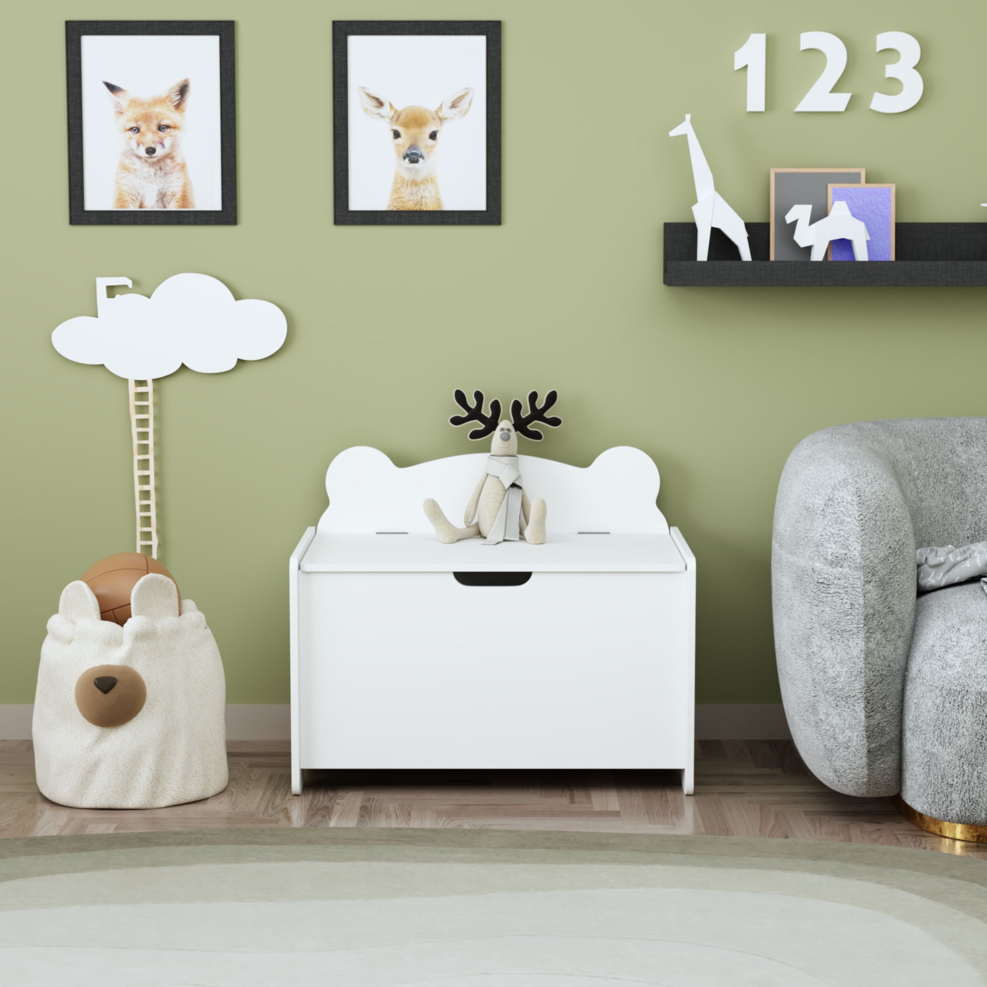Toy Box With Bear Headboard, Organizer Storage Chest - White