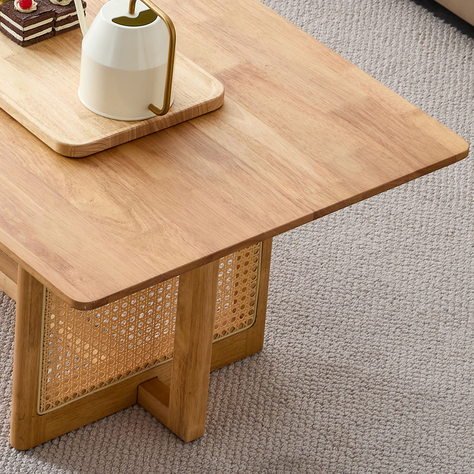 Chinese Style White Solid Wood And Imitation Rattan Coffee Table